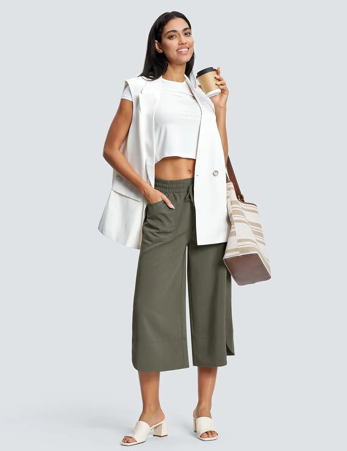 18" Capri Pants for Women Wide Leg Capris with Pockets for Women Lightweight Womens Capris for Summer Yoga Casual