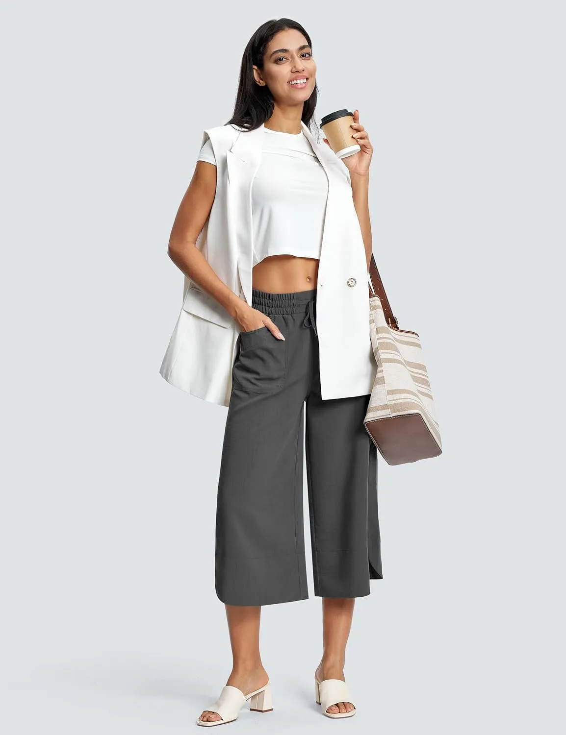18" Capri Pants for Women Wide Leg Capris with Pockets for Women Lightweight Womens Capris for Summer Yoga Casual