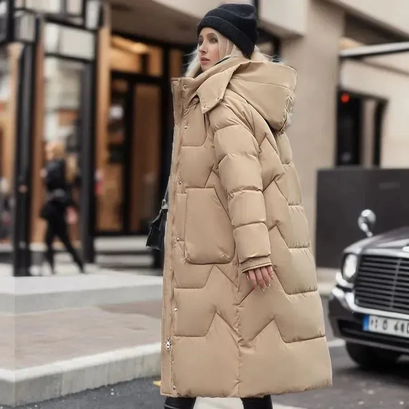 2024 Winter Parka Woman Long Jacket Hooded Thicken Loose Zipper Pockets Warm Snow Wear New Casual Female Down Cotton Padded Coat