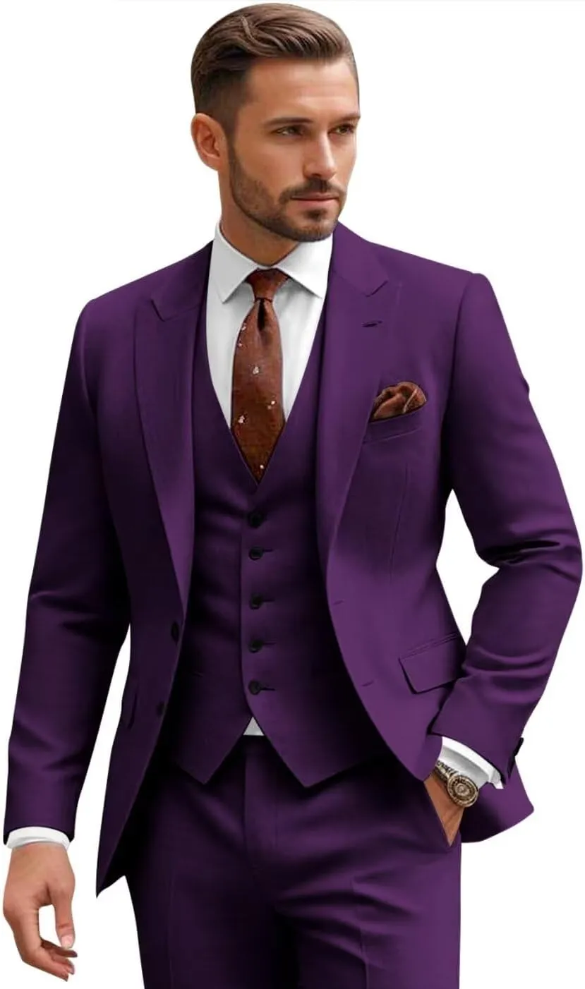 3 Piece Suits for Men Wedding Slim Fit Man Suit Sets Single Breasted Two Button Peak Lapel Blazer Vest Pants Set