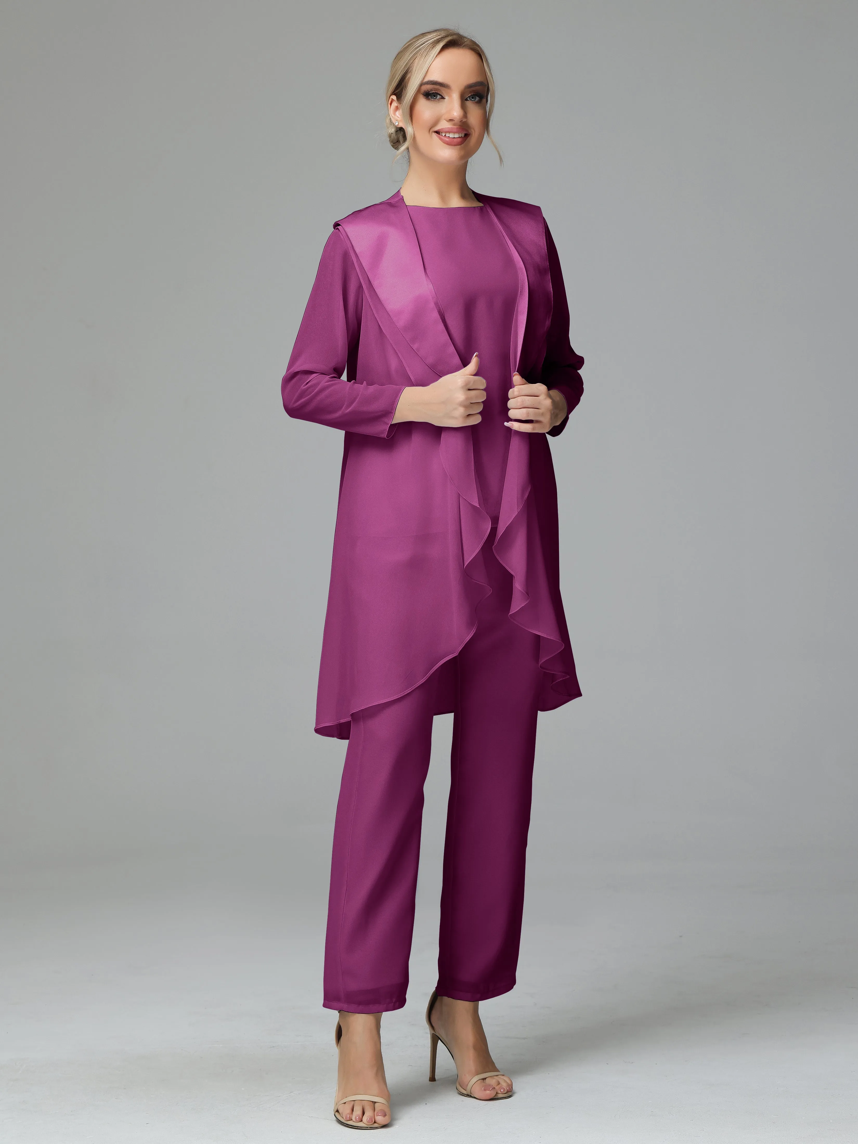3 Pieces Chiffon Elegant Mother Of The Bride Dress Pants Suits