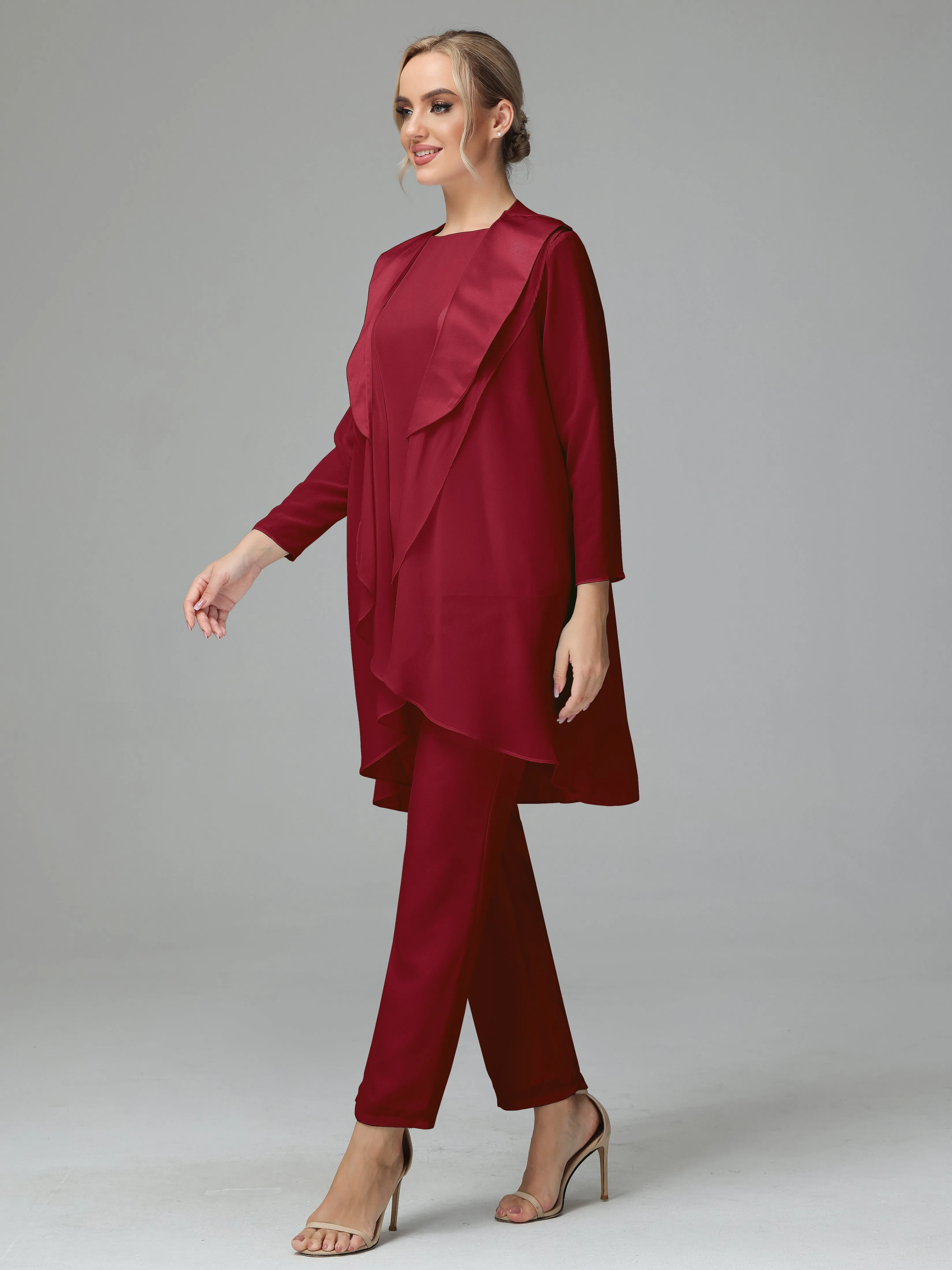 3 Pieces Chiffon Elegant Mother Of The Bride Dress Pants Suits