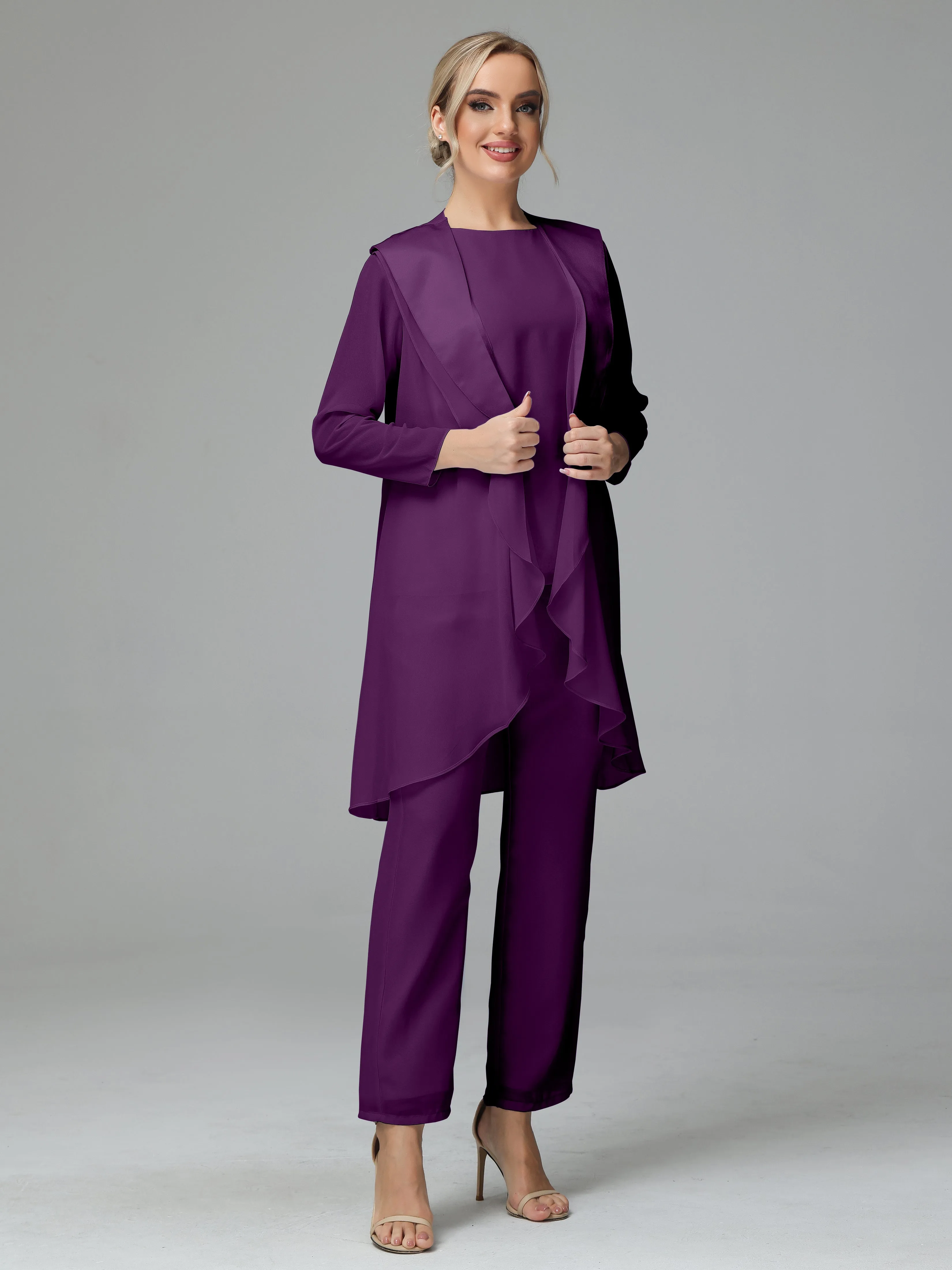 3 Pieces Chiffon Elegant Mother Of The Bride Dress Pants Suits