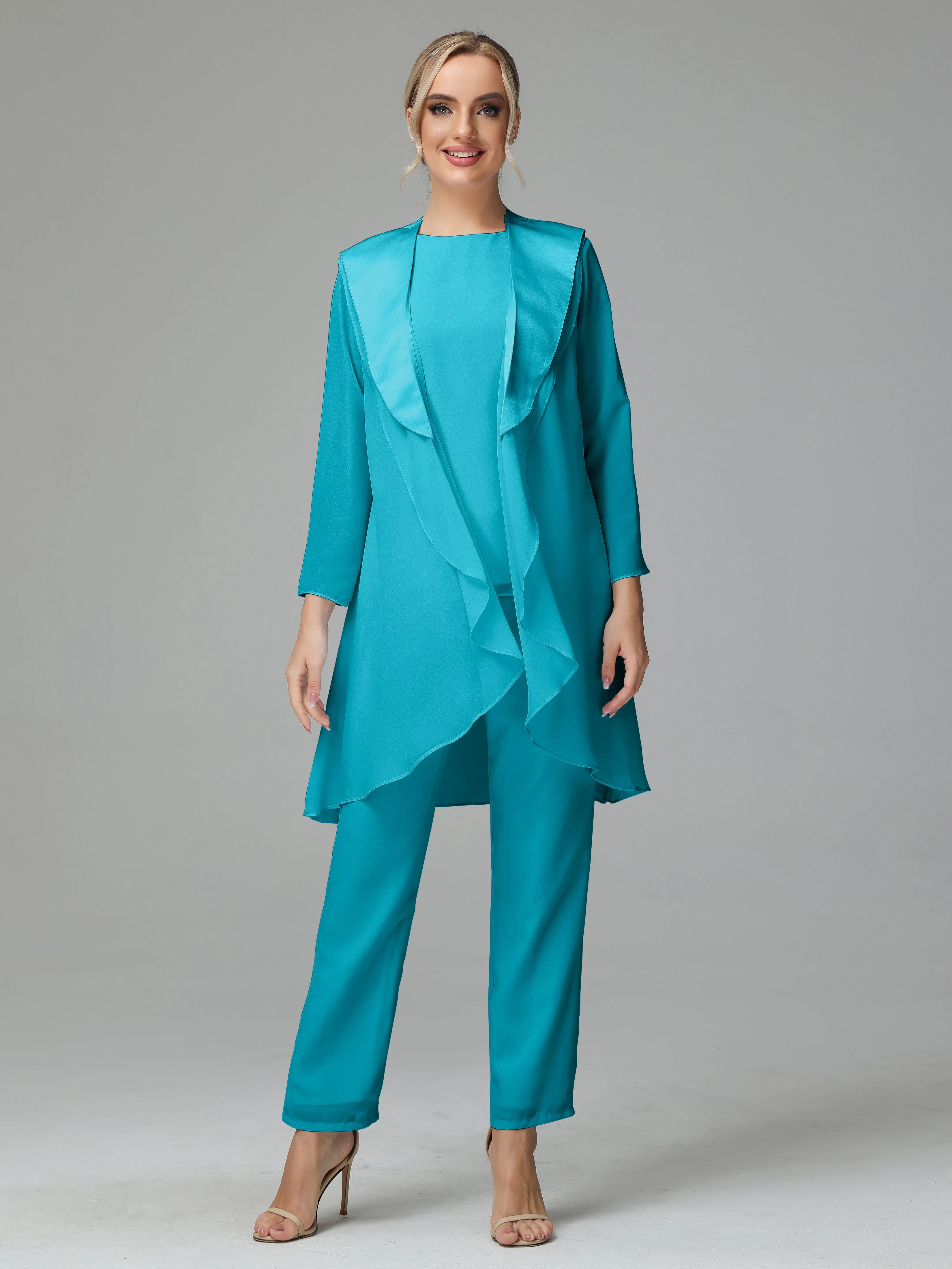 3 Pieces Chiffon Elegant Mother Of The Bride Dress Pants Suits