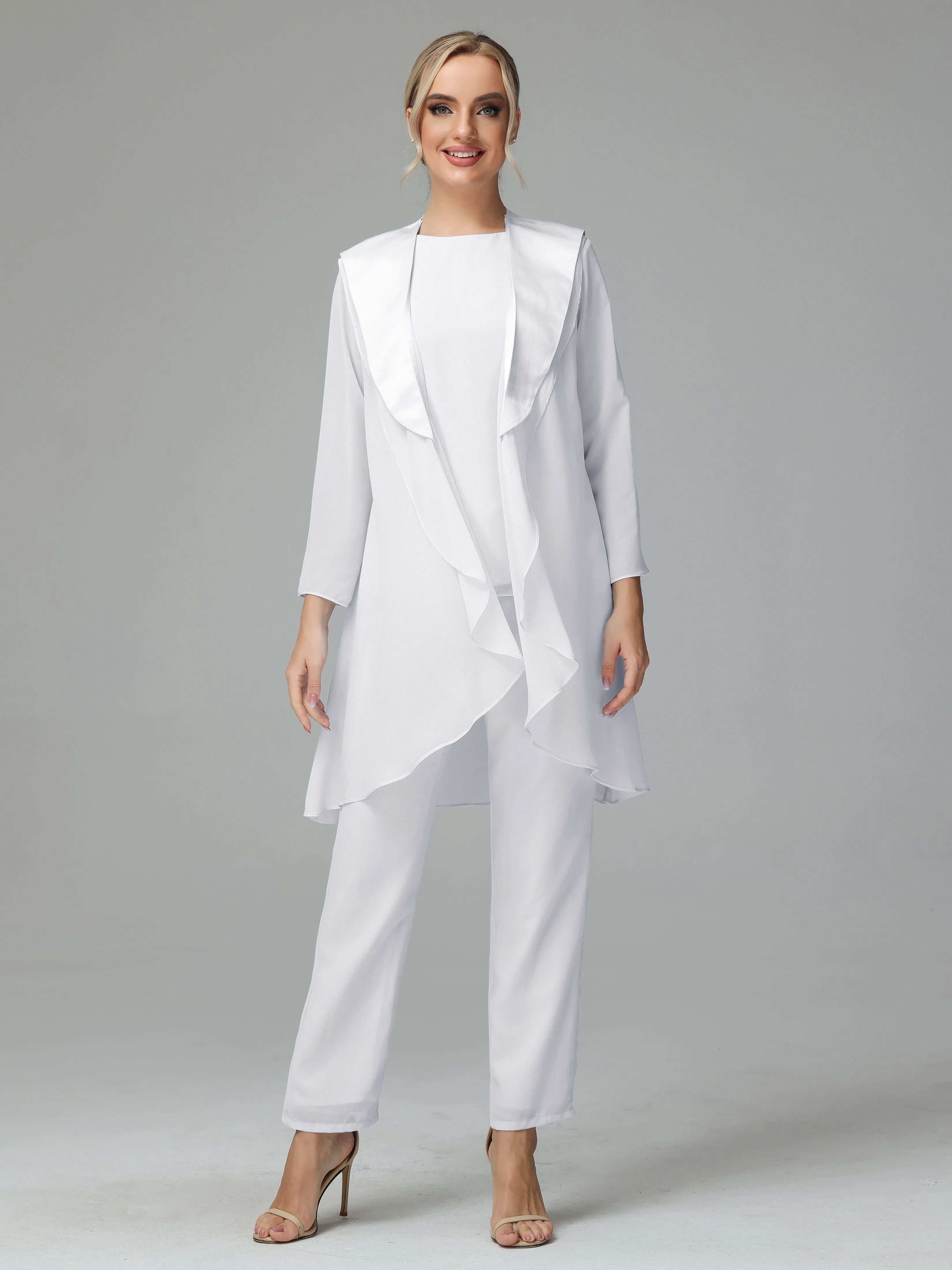 3 Pieces Chiffon Elegant Mother Of The Bride Dress Pants Suits