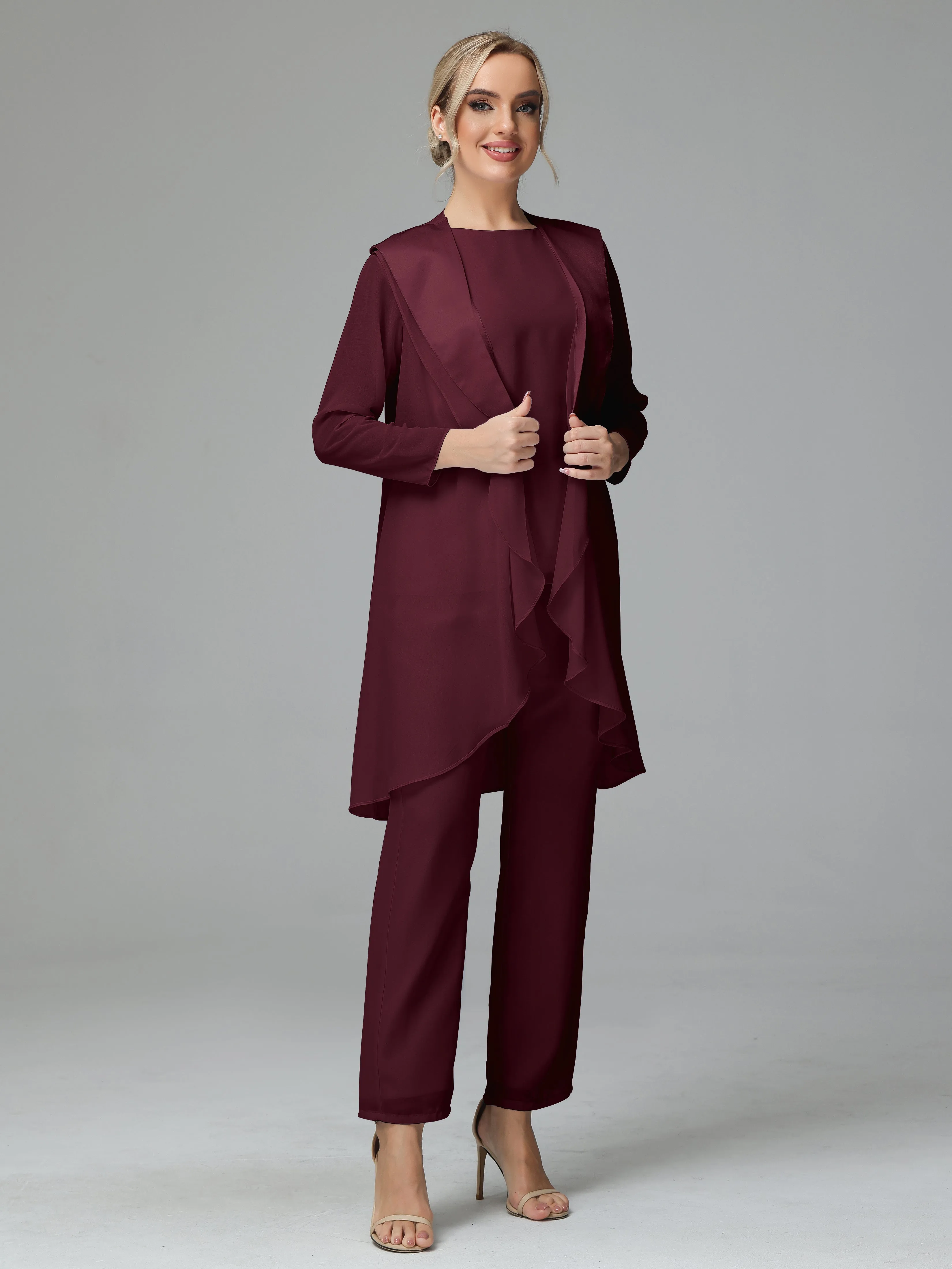 3 Pieces Chiffon Elegant Mother Of The Bride Dress Pants Suits