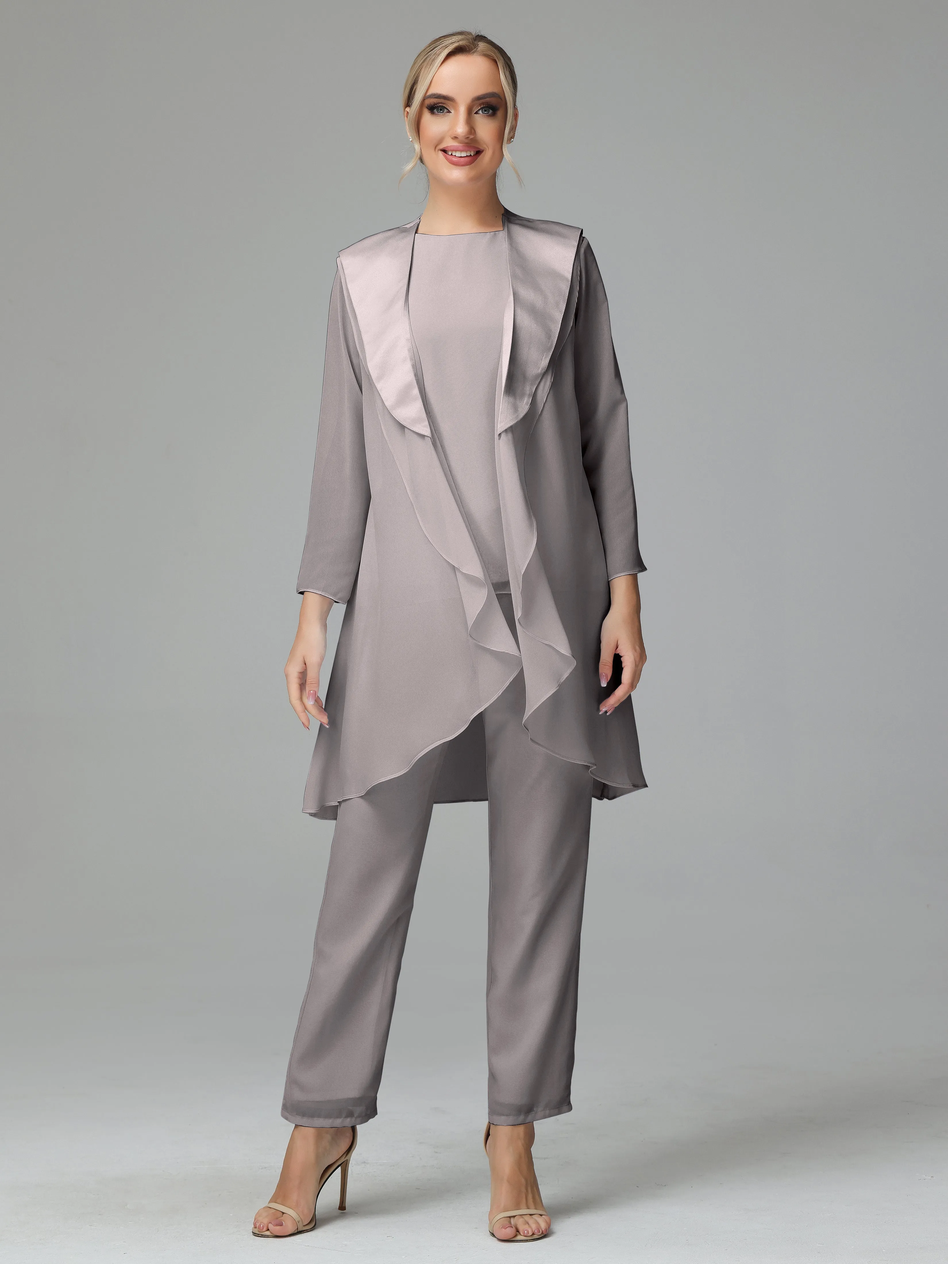 3 Pieces Chiffon Elegant Mother Of The Bride Dress Pants Suits