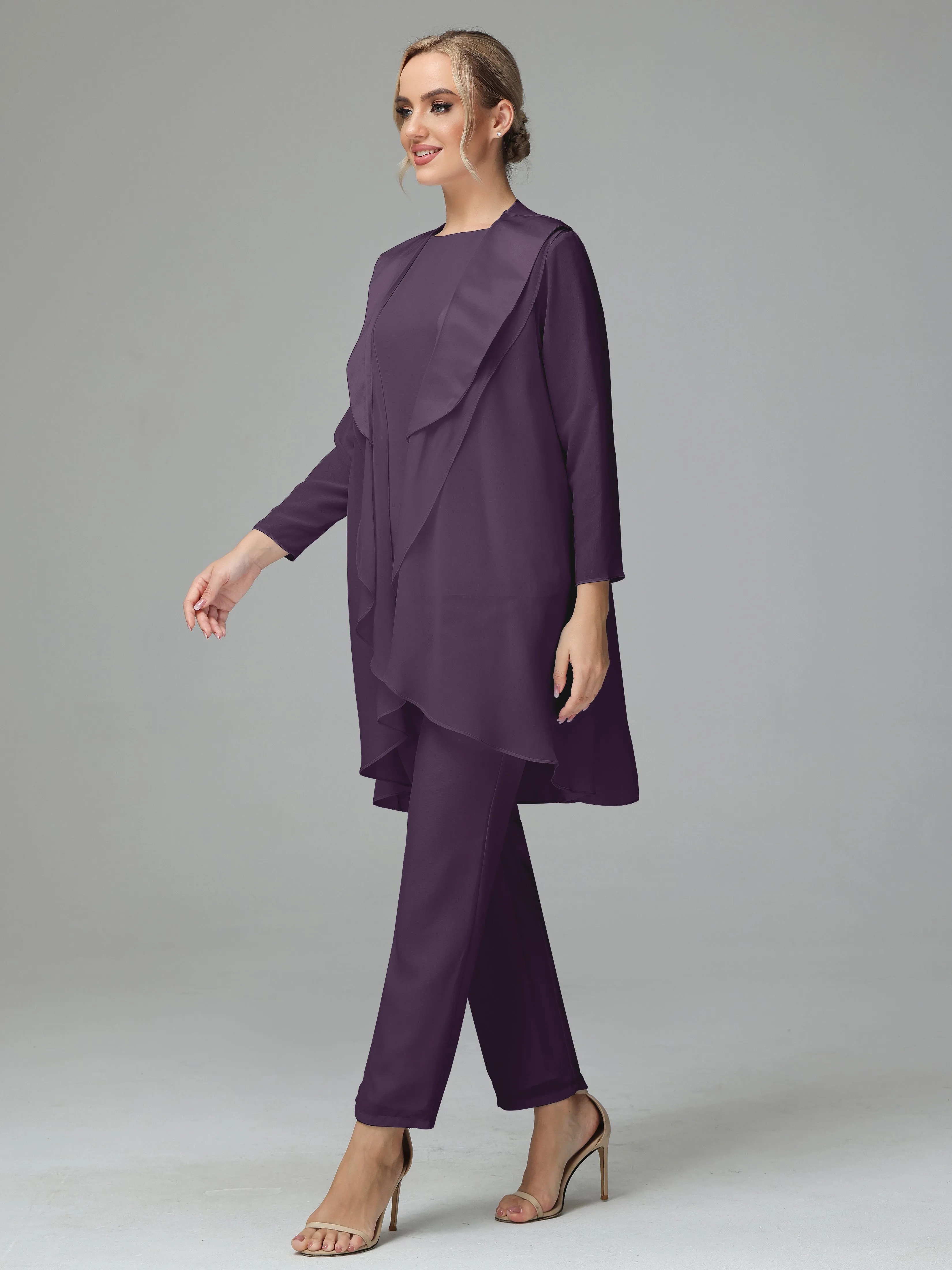 3 Pieces Chiffon Elegant Mother Of The Bride Dress Pants Suits