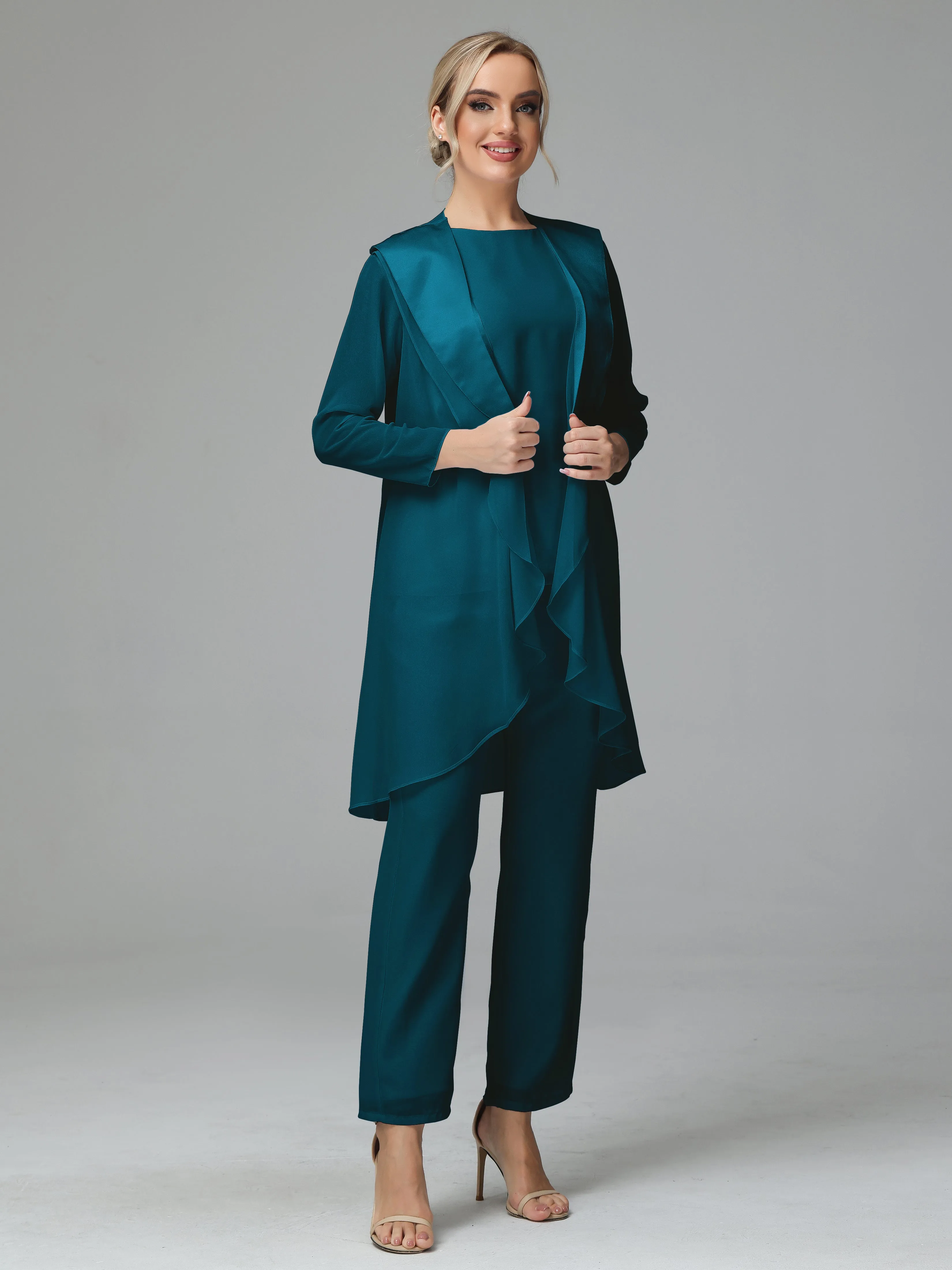 3 Pieces Chiffon Elegant Mother Of The Bride Dress Pants Suits