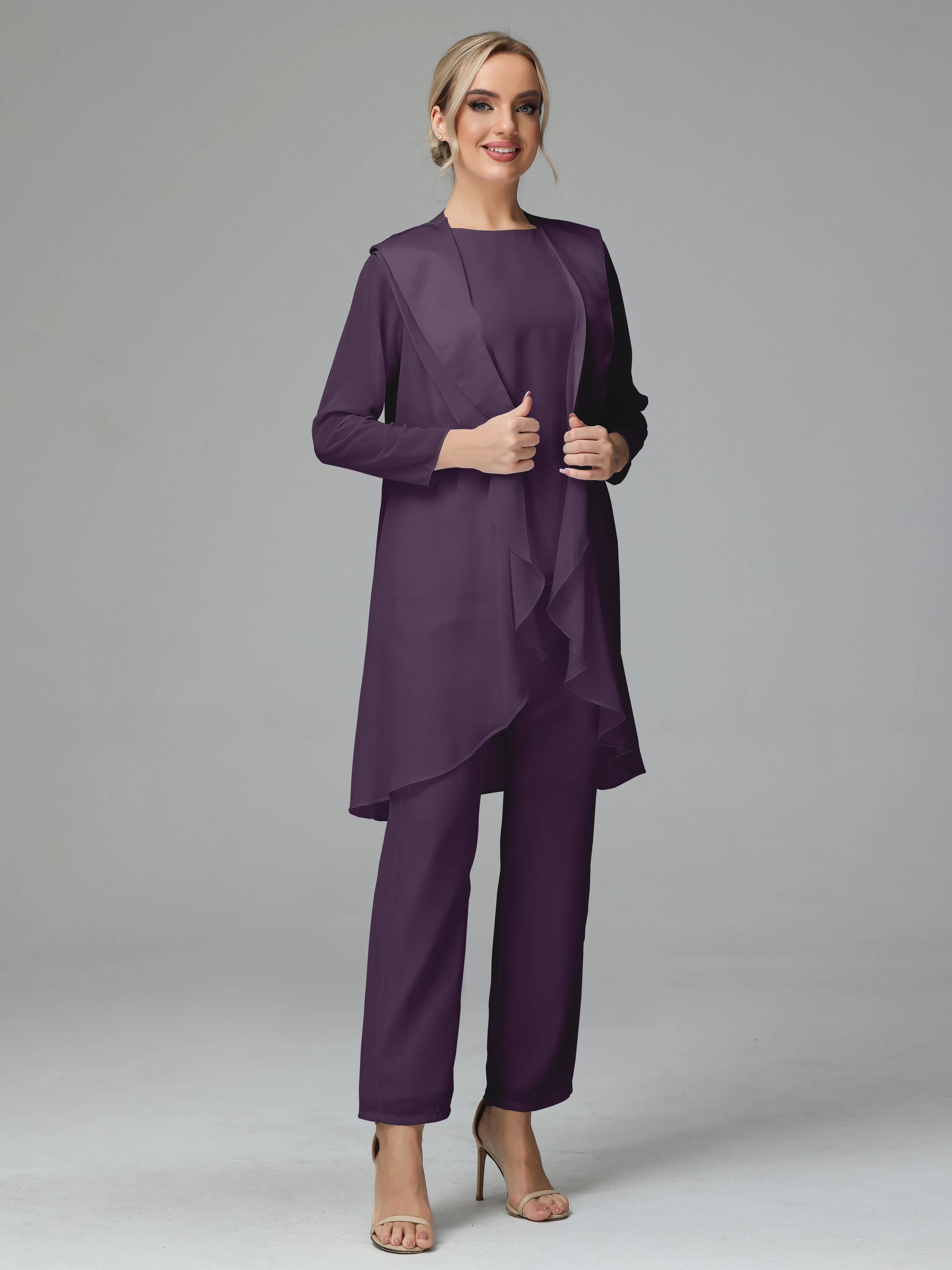 3 Pieces Chiffon Elegant Mother Of The Bride Dress Pants Suits
