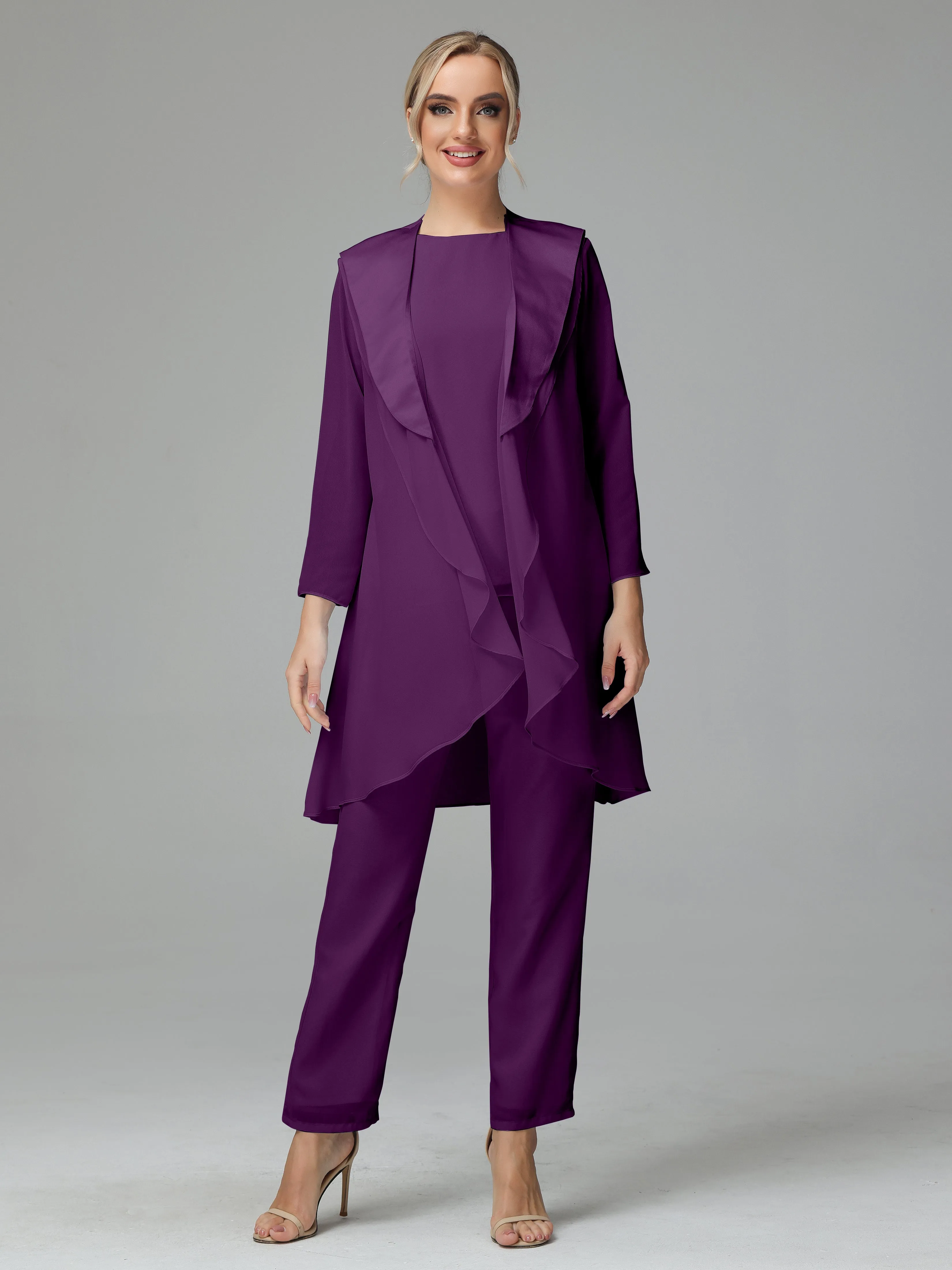 3 Pieces Chiffon Elegant Mother Of The Bride Dress Pants Suits