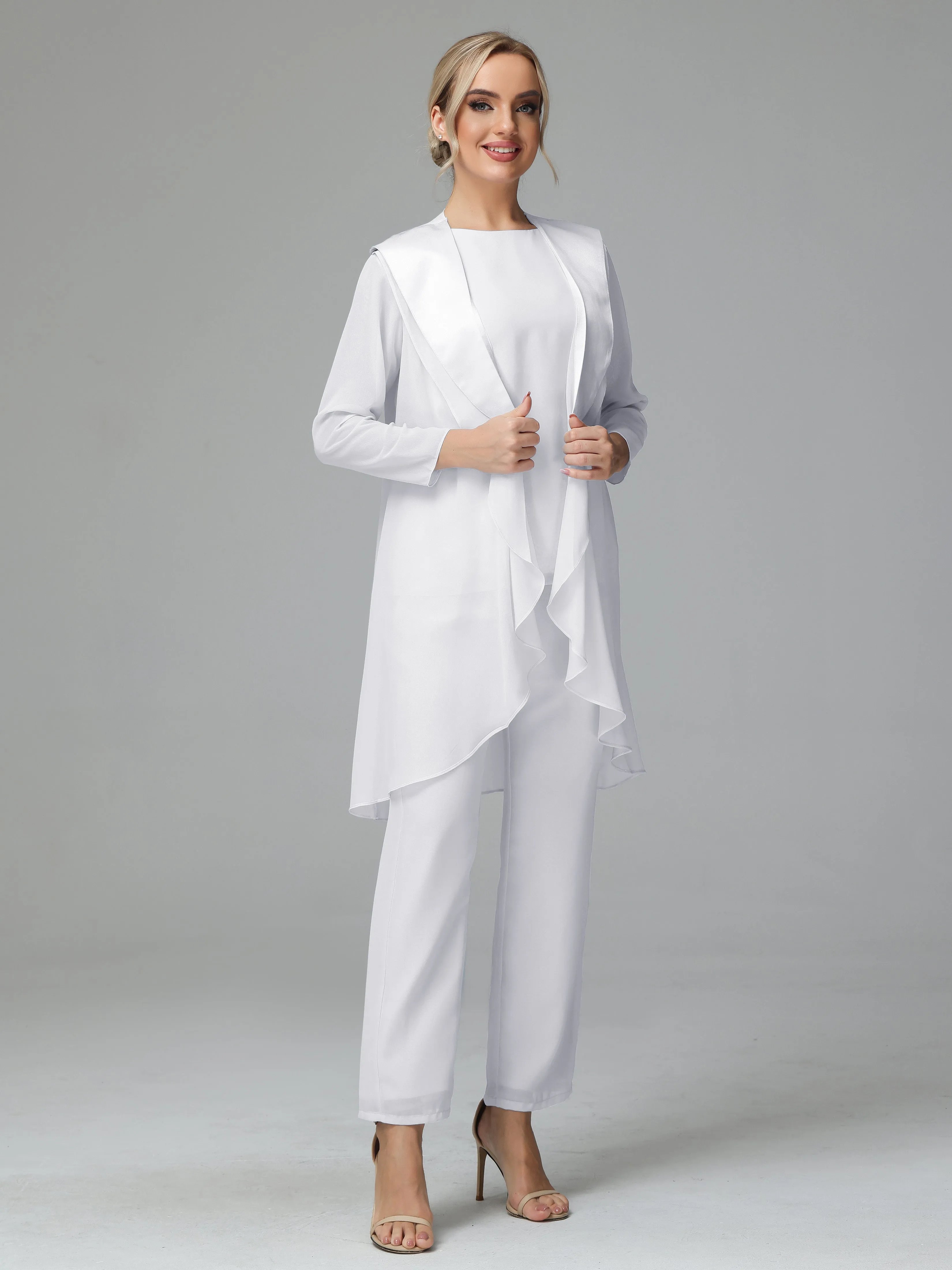 3 Pieces Chiffon Elegant Mother Of The Bride Dress Pants Suits