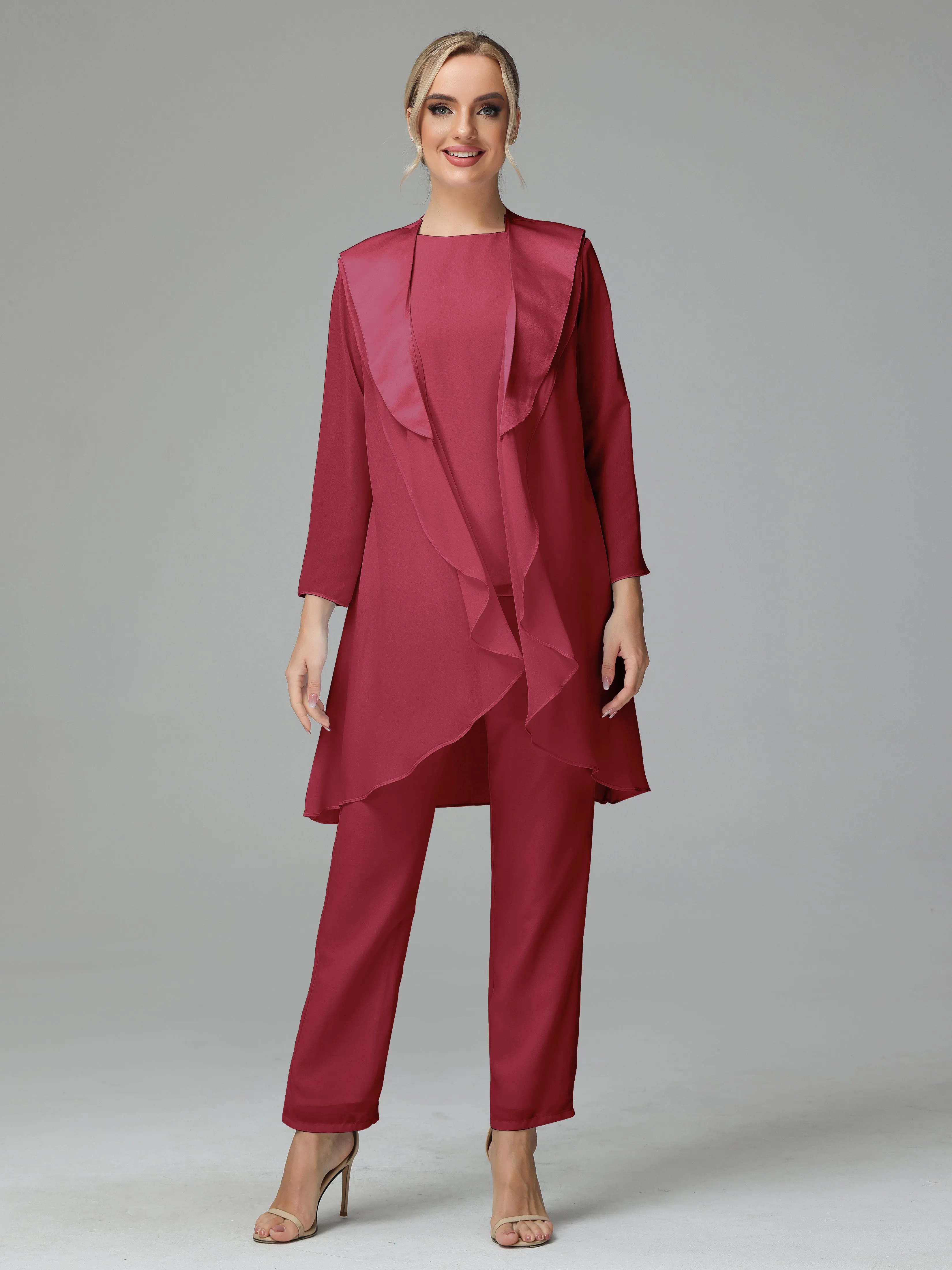 3 Pieces Chiffon Elegant Mother Of The Bride Dress Pants Suits
