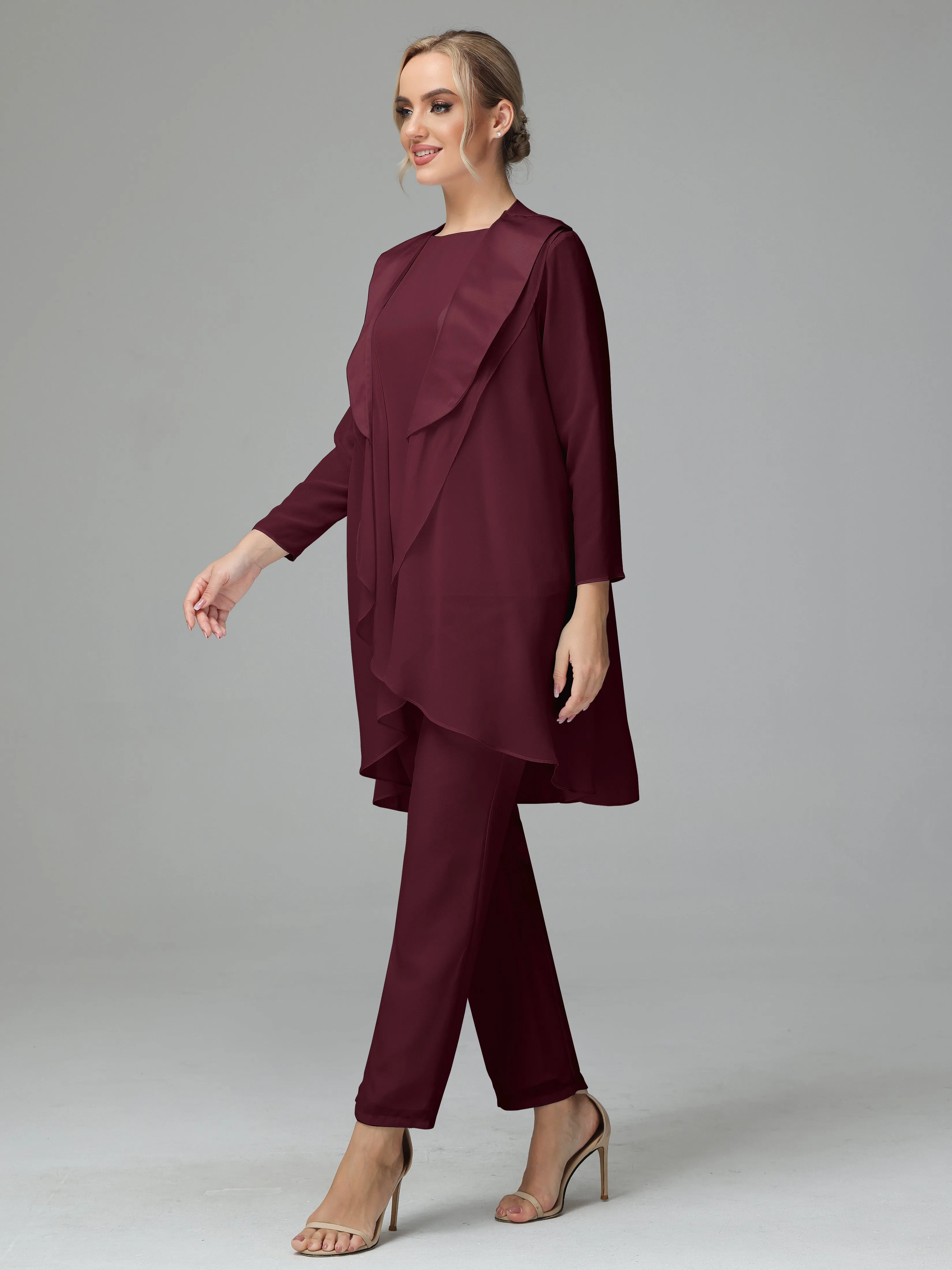 3 Pieces Chiffon Elegant Mother Of The Bride Dress Pants Suits