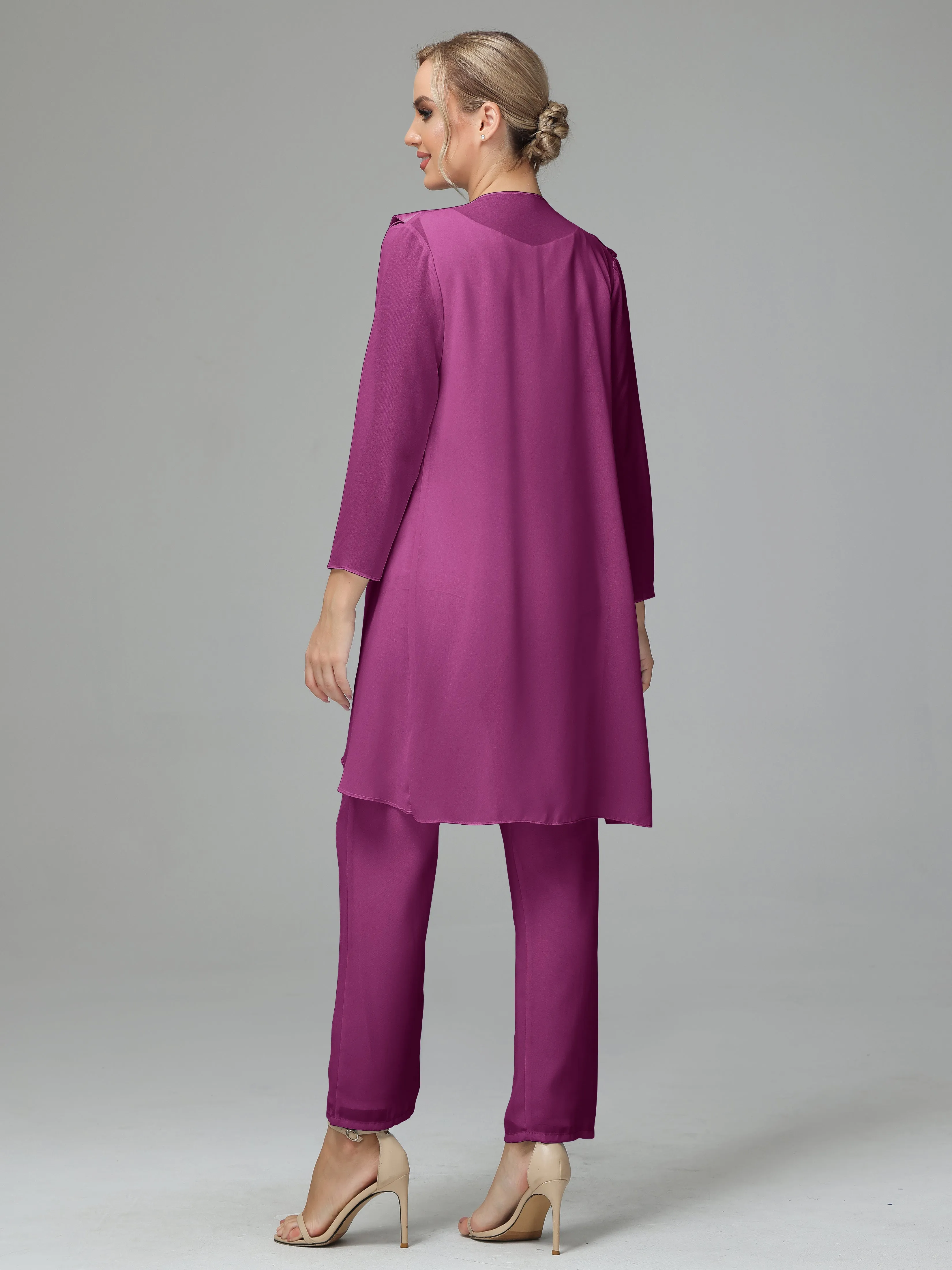 3 Pieces Chiffon Elegant Mother Of The Bride Dress Pants Suits