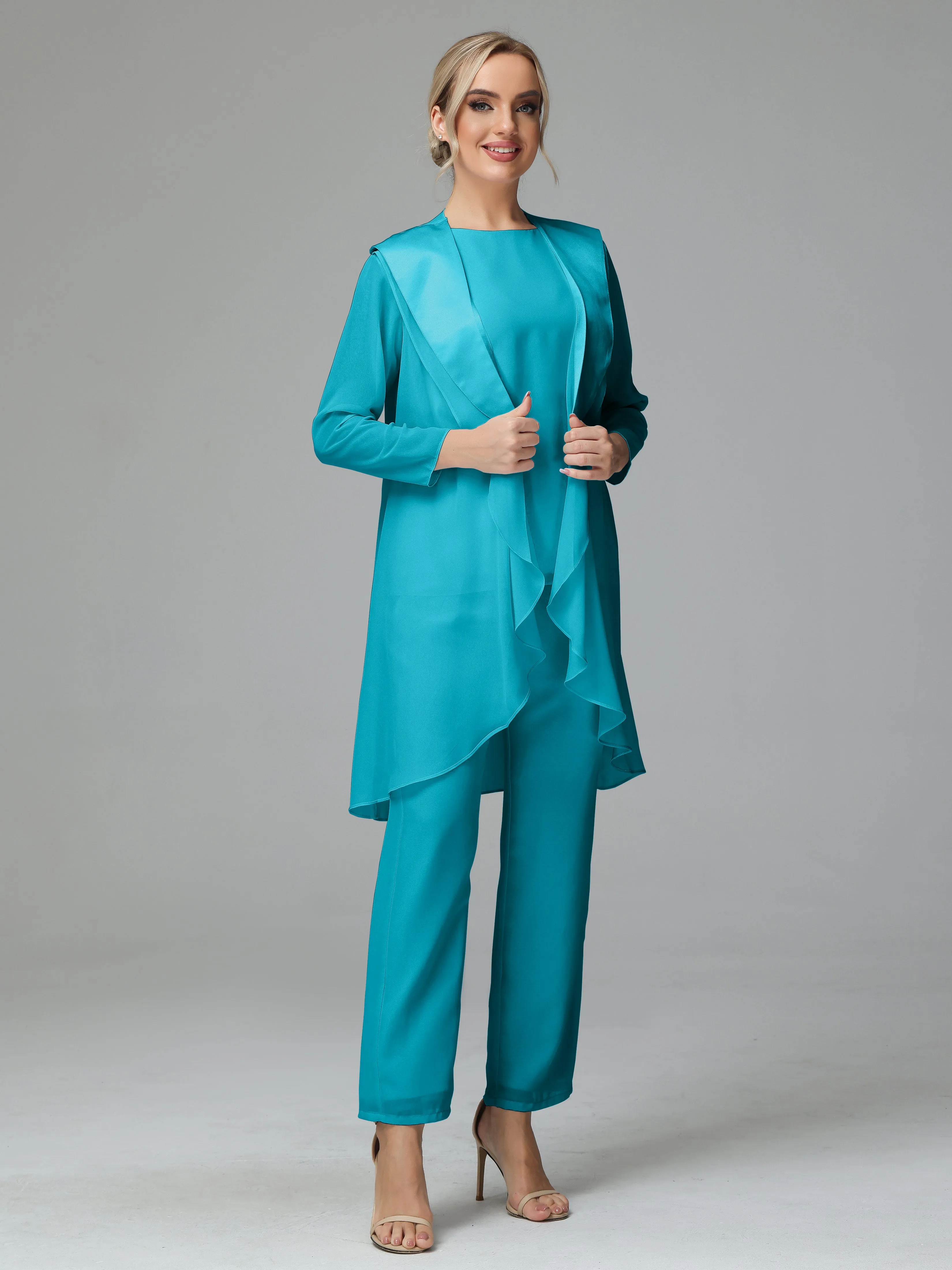 3 Pieces Chiffon Elegant Mother Of The Bride Dress Pants Suits