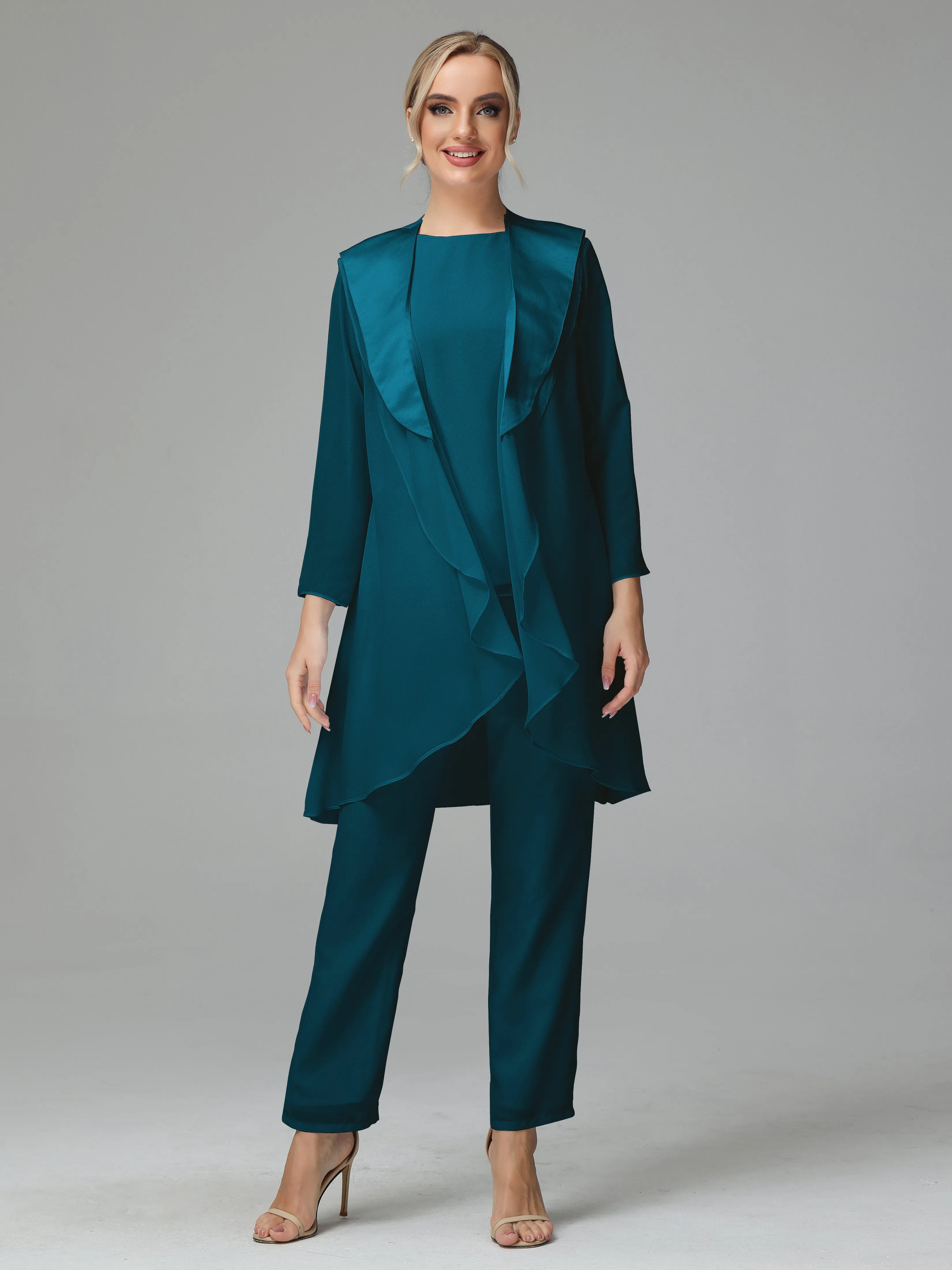 3 Pieces Chiffon Elegant Mother Of The Bride Dress Pants Suits