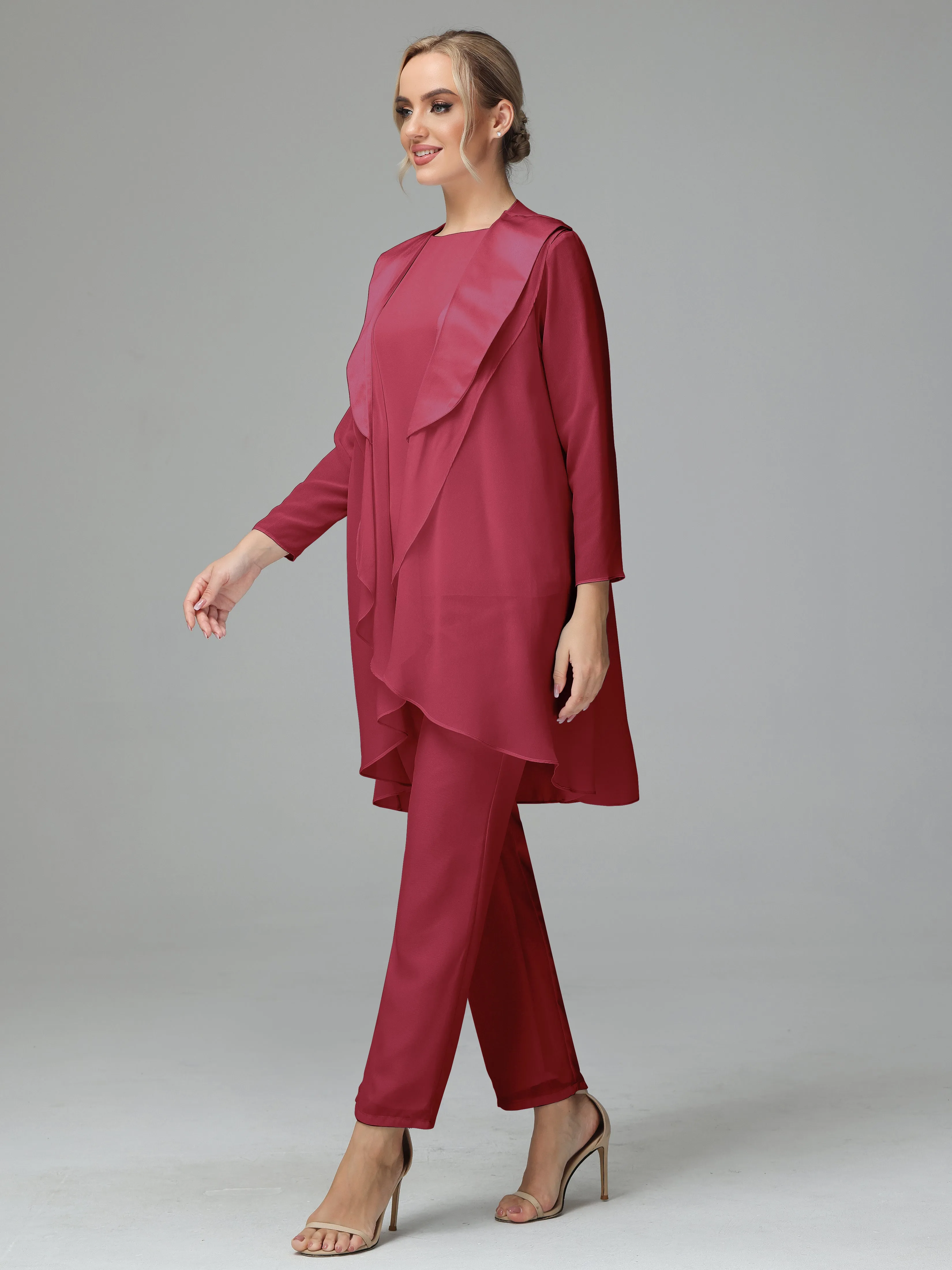 3 Pieces Chiffon Elegant Mother Of The Bride Dress Pants Suits