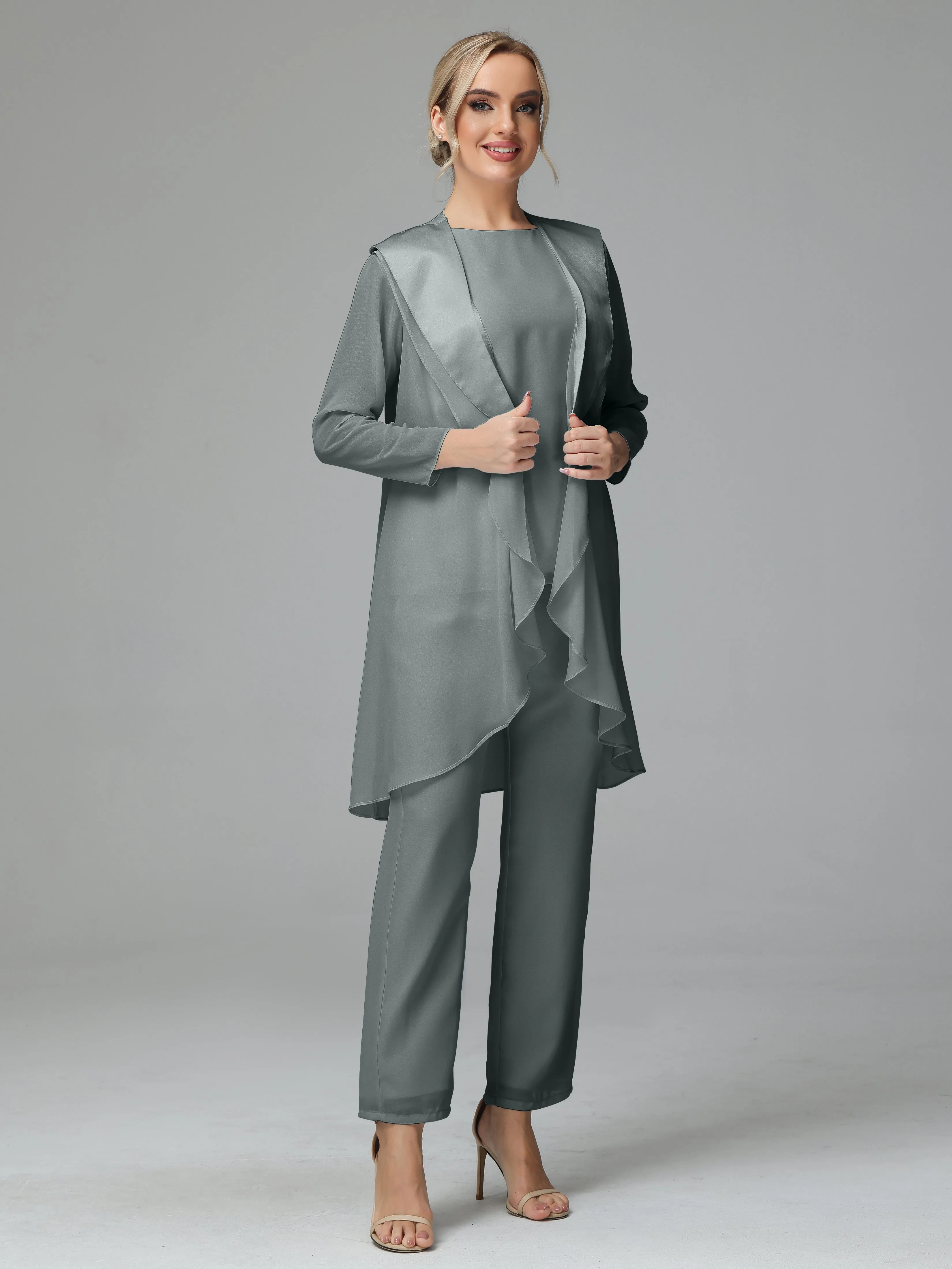 3 Pieces Chiffon Elegant Mother Of The Bride Dress Pants Suits