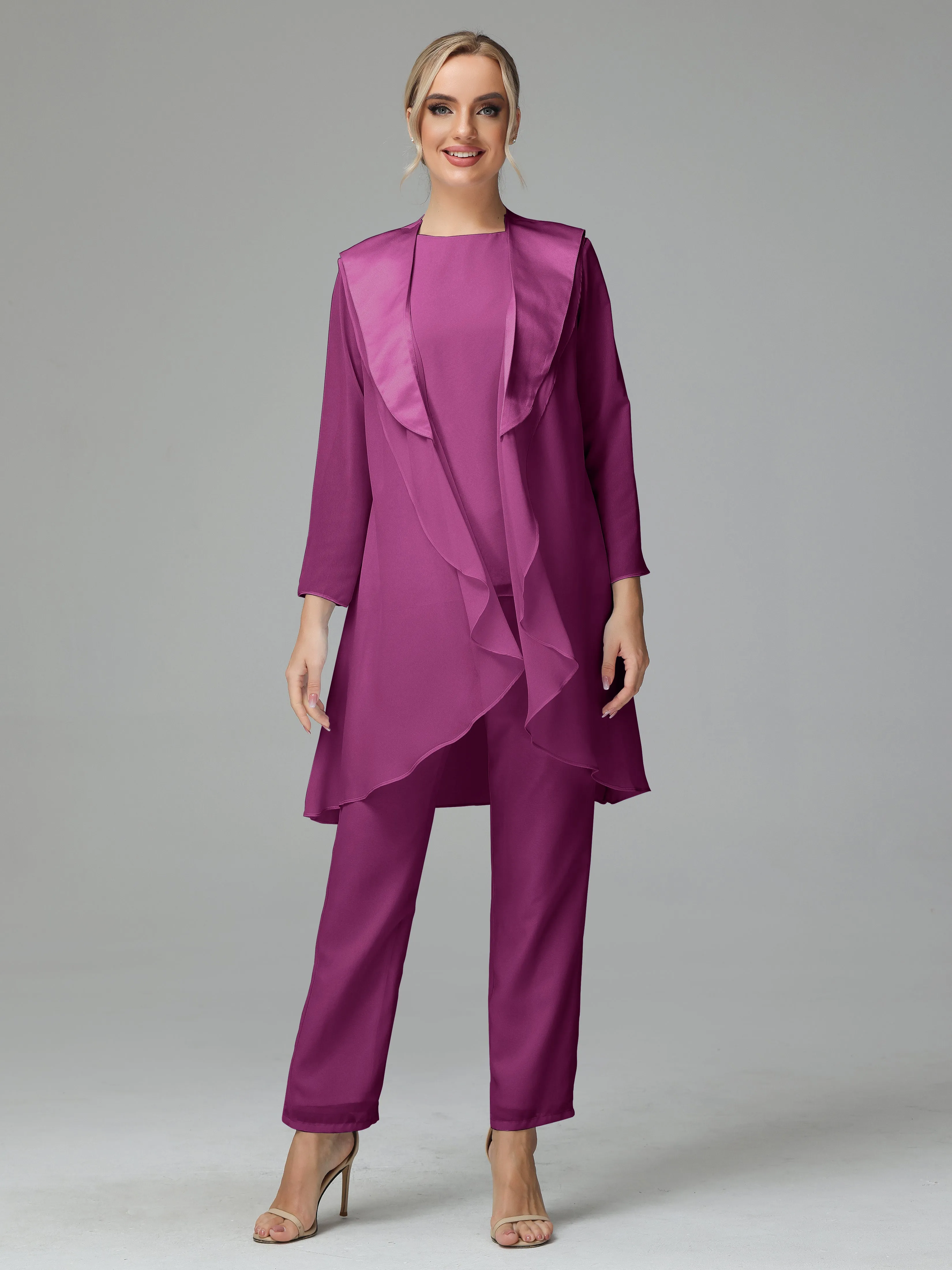 3 Pieces Chiffon Elegant Mother Of The Bride Dress Pants Suits