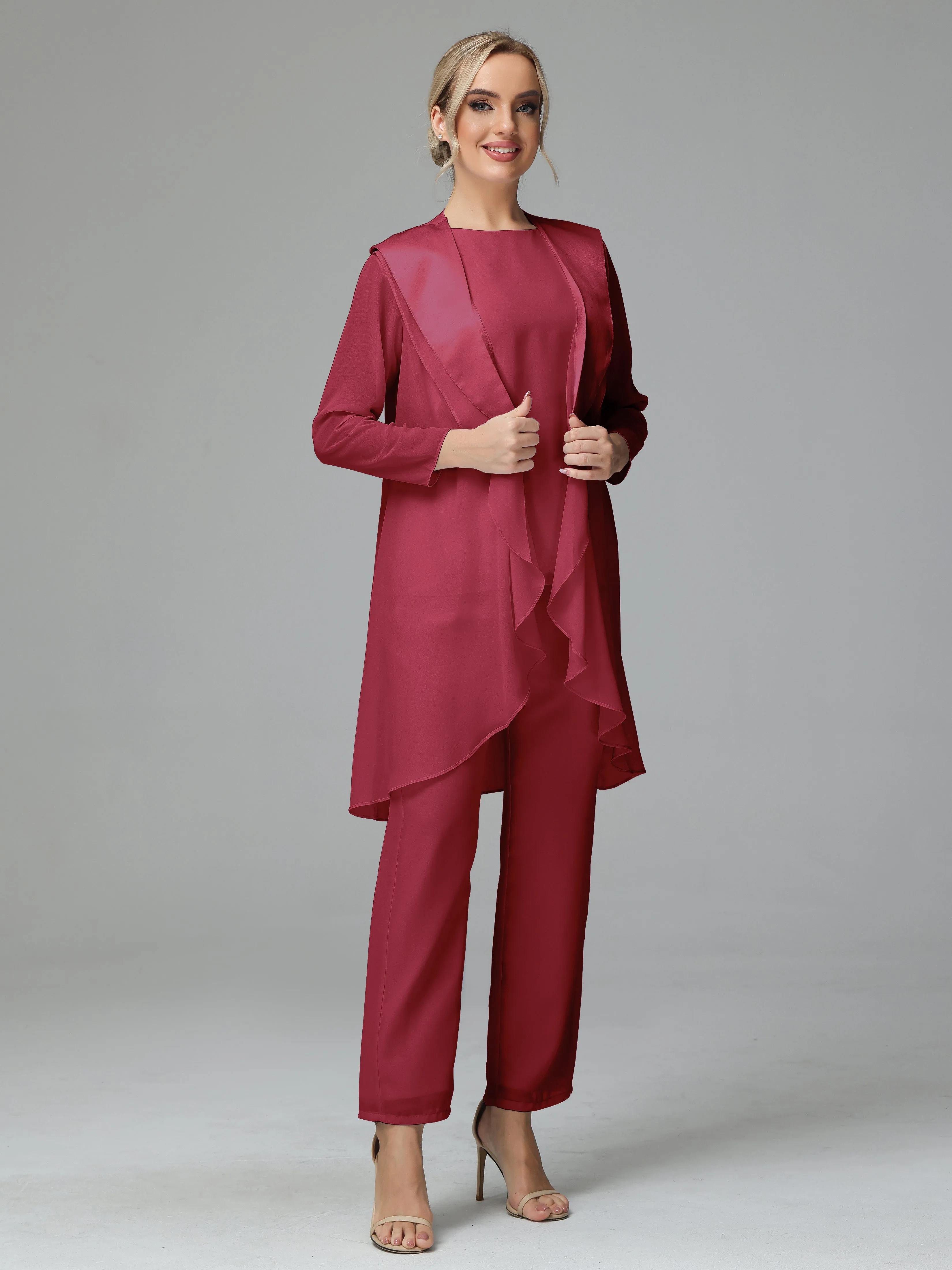 3 Pieces Chiffon Elegant Mother Of The Bride Dress Pants Suits
