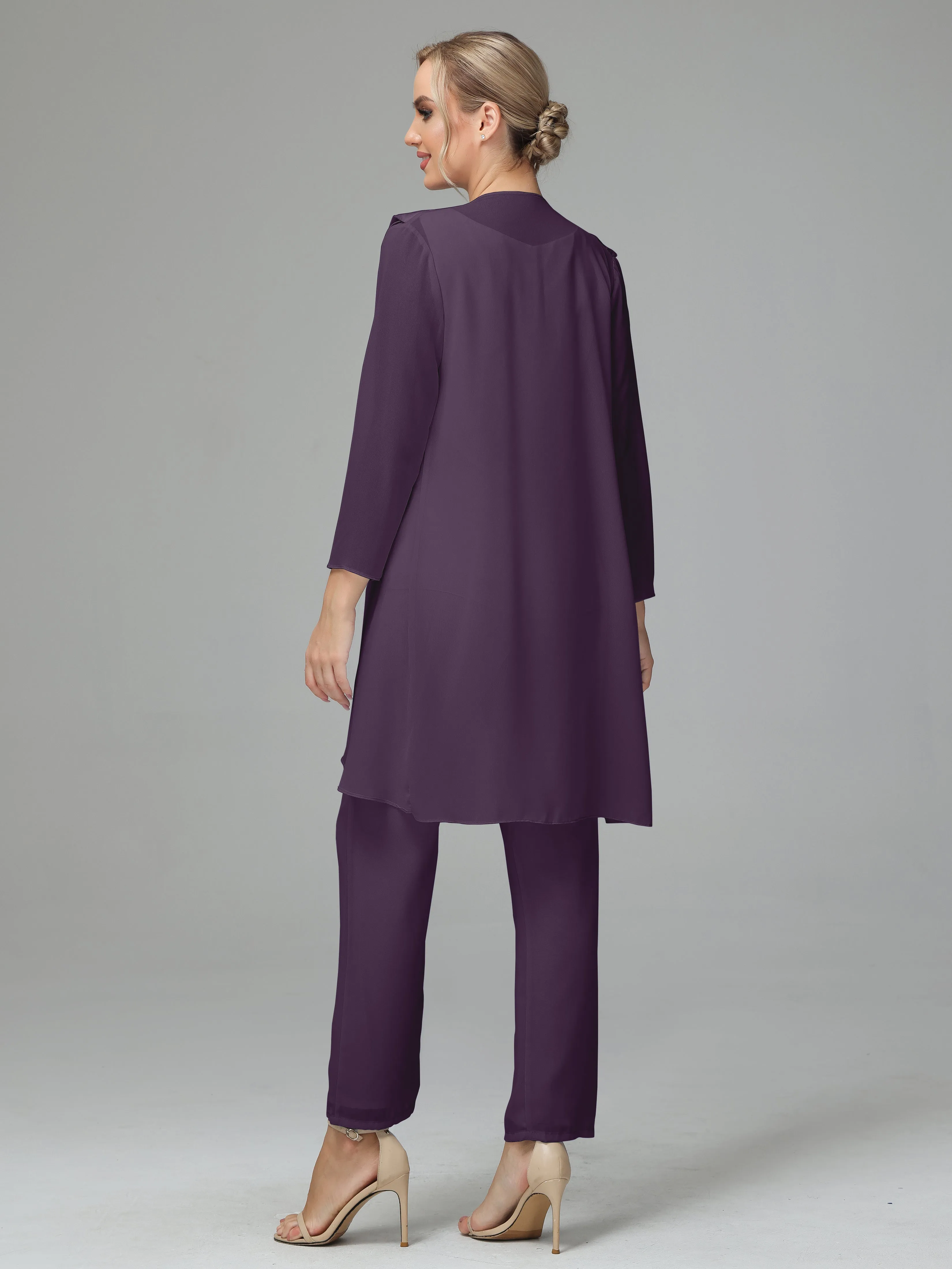 3 Pieces Chiffon Elegant Mother Of The Bride Dress Pants Suits