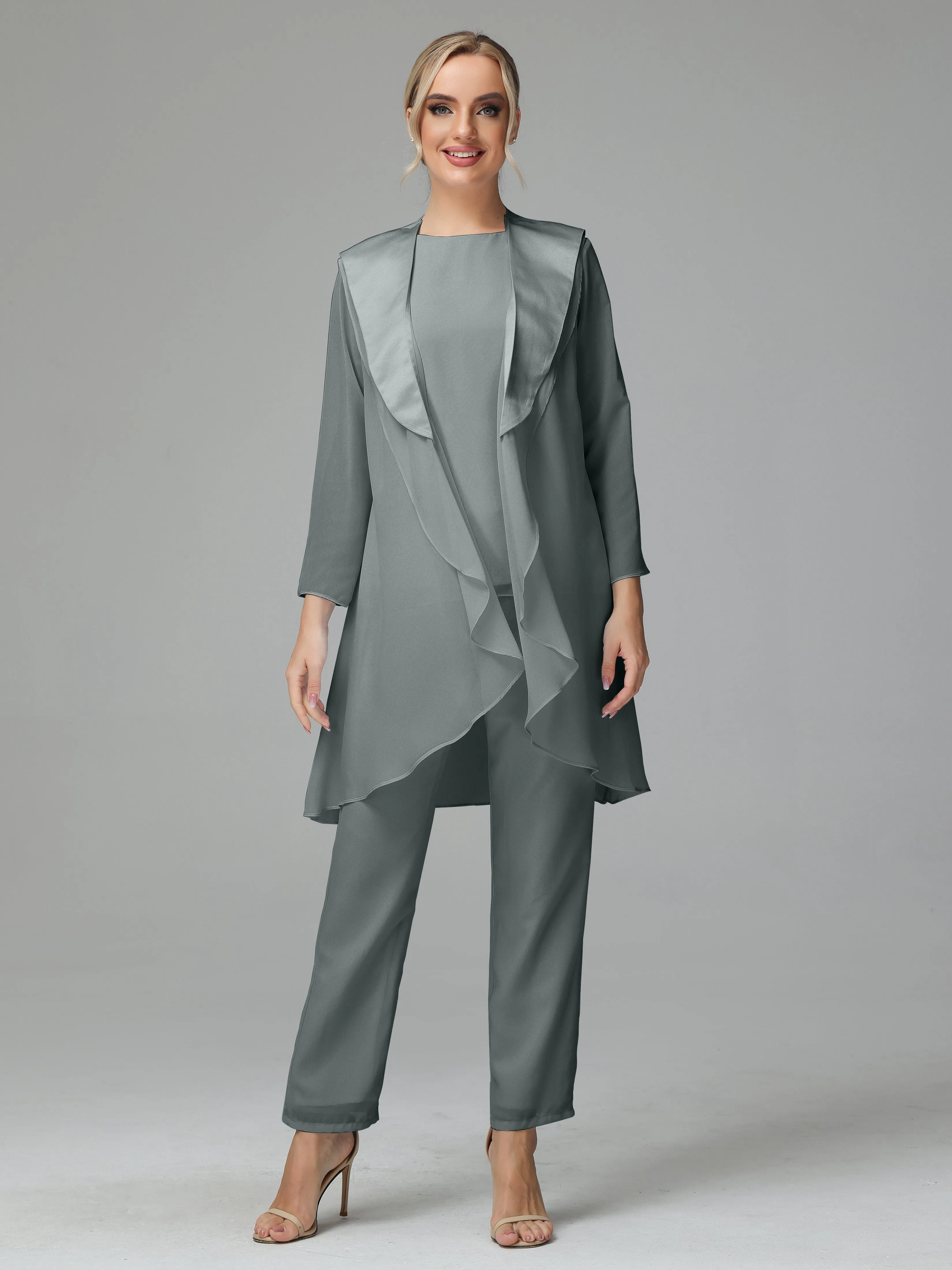 3 Pieces Chiffon Elegant Mother Of The Bride Dress Pants Suits
