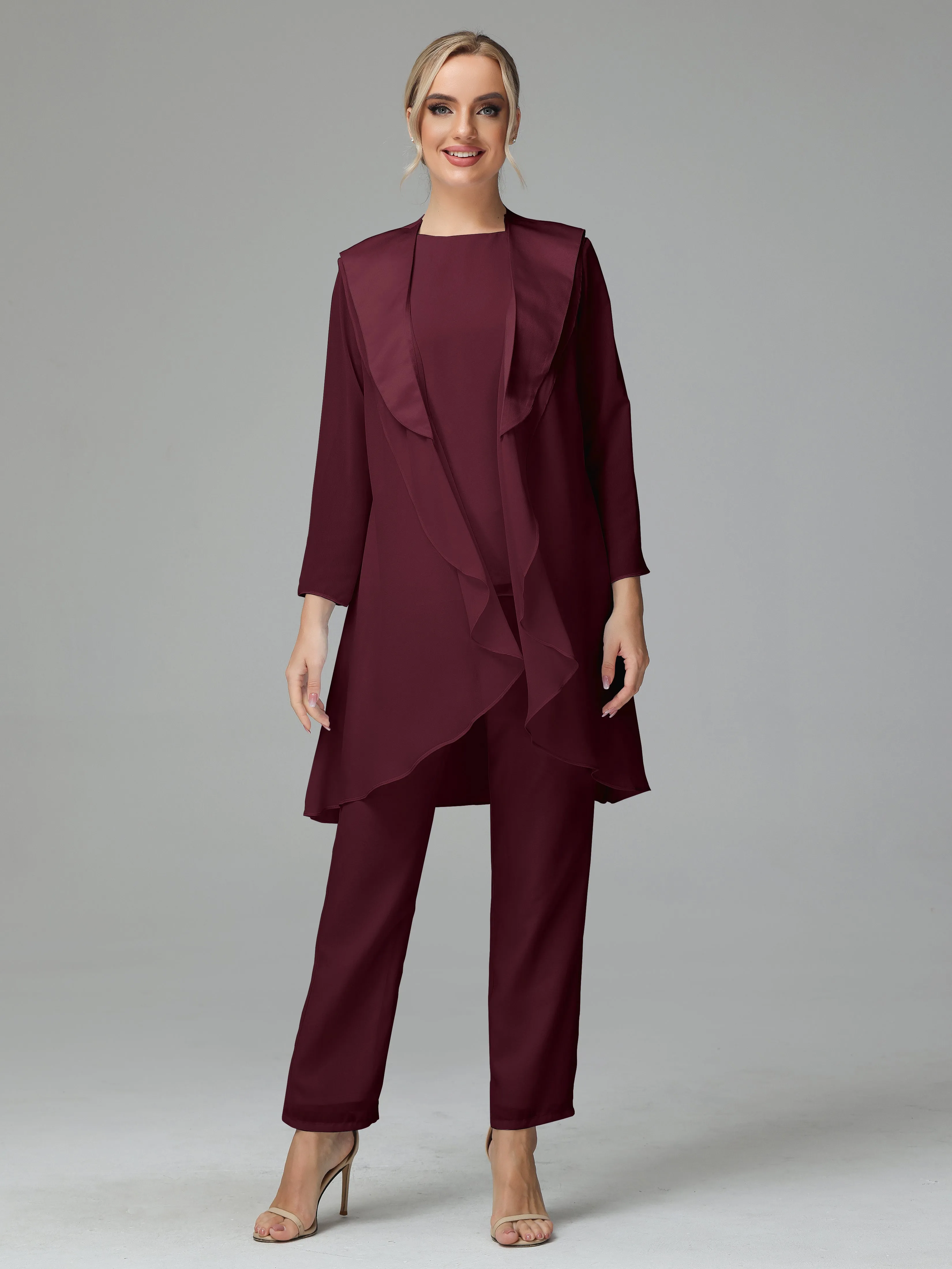 3 Pieces Chiffon Elegant Mother Of The Bride Dress Pants Suits