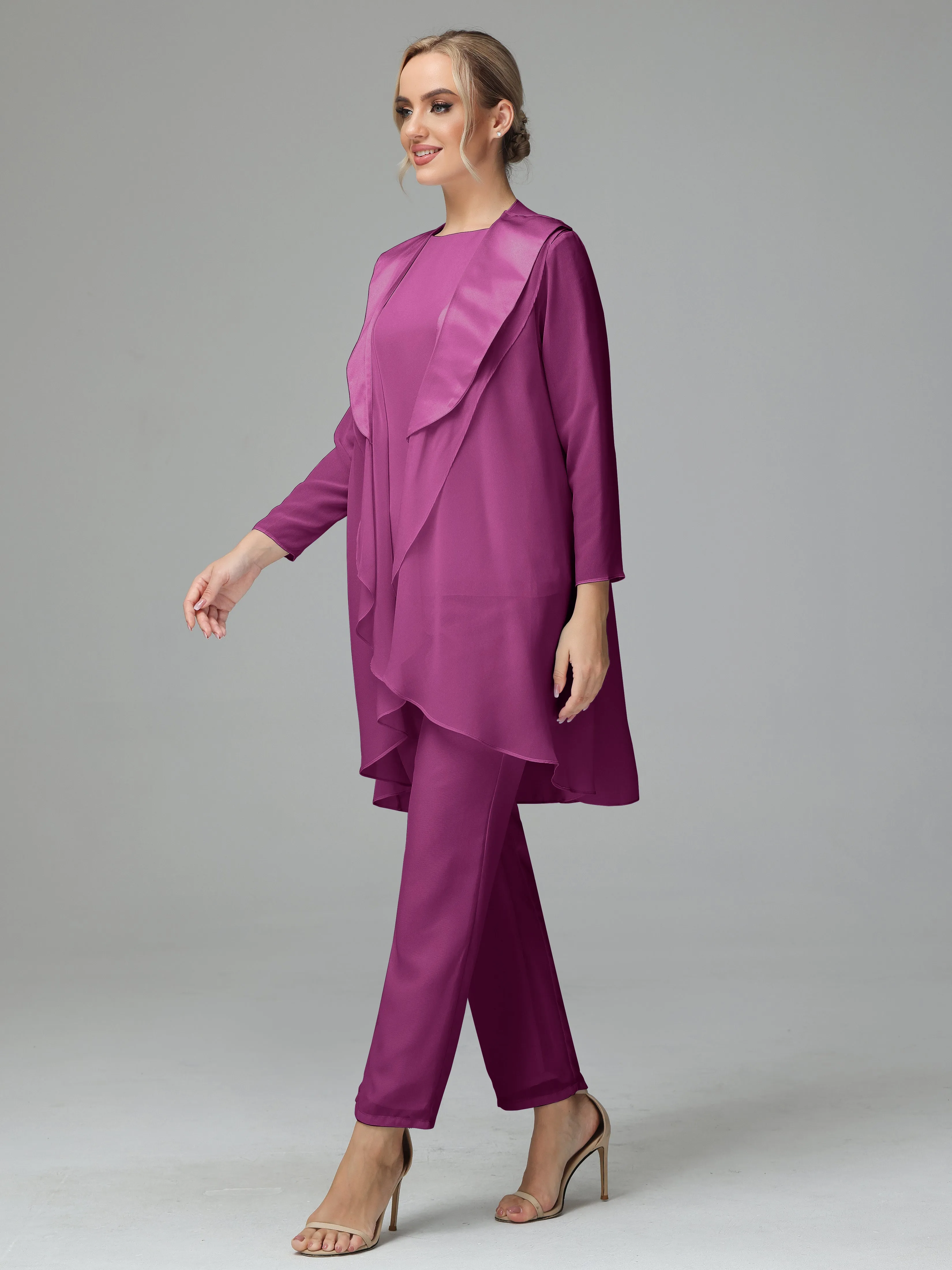 3 Pieces Chiffon Elegant Mother Of The Bride Dress Pants Suits
