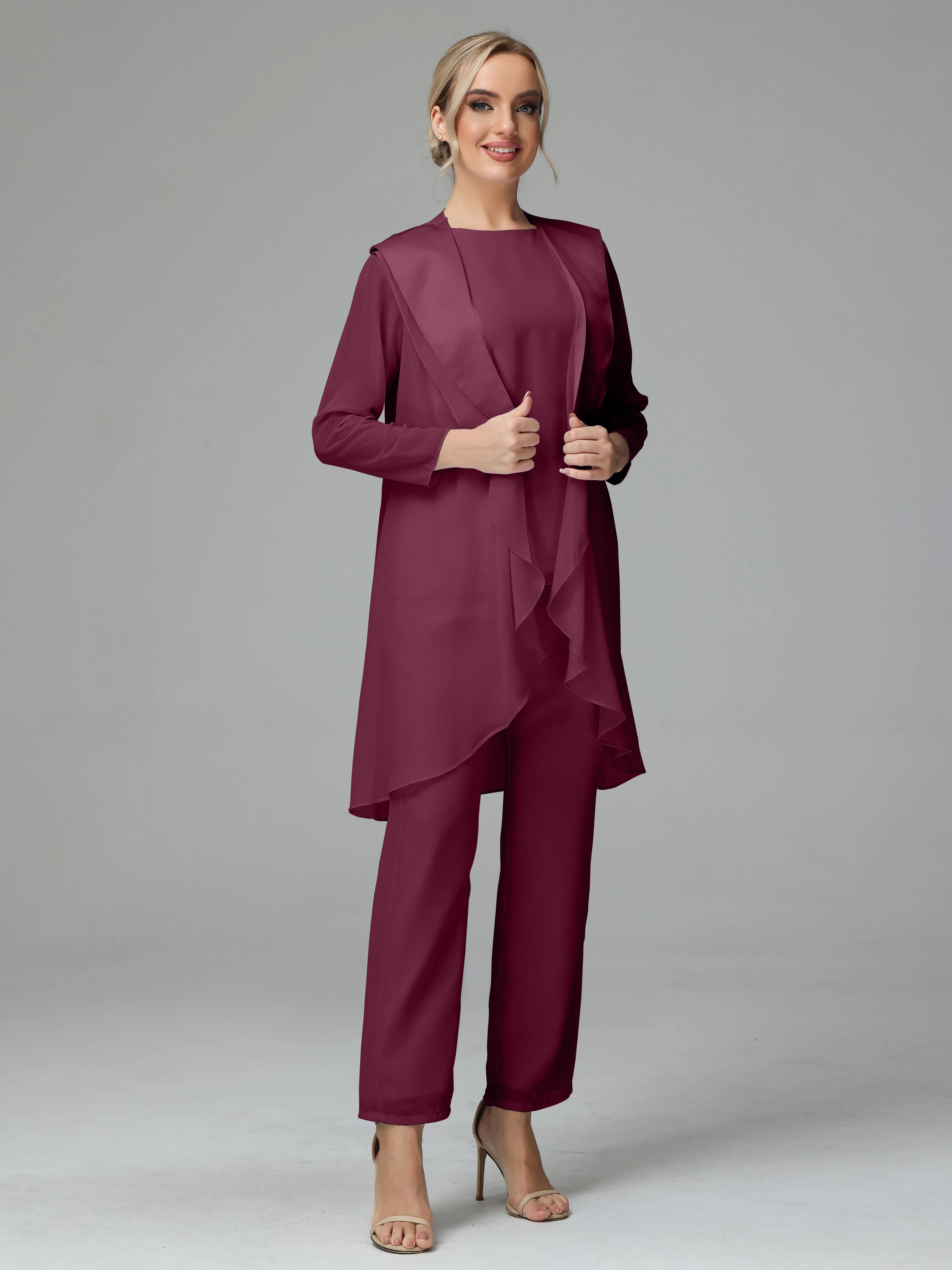 3 Pieces Chiffon Elegant Mother Of The Bride Dress Pants Suits