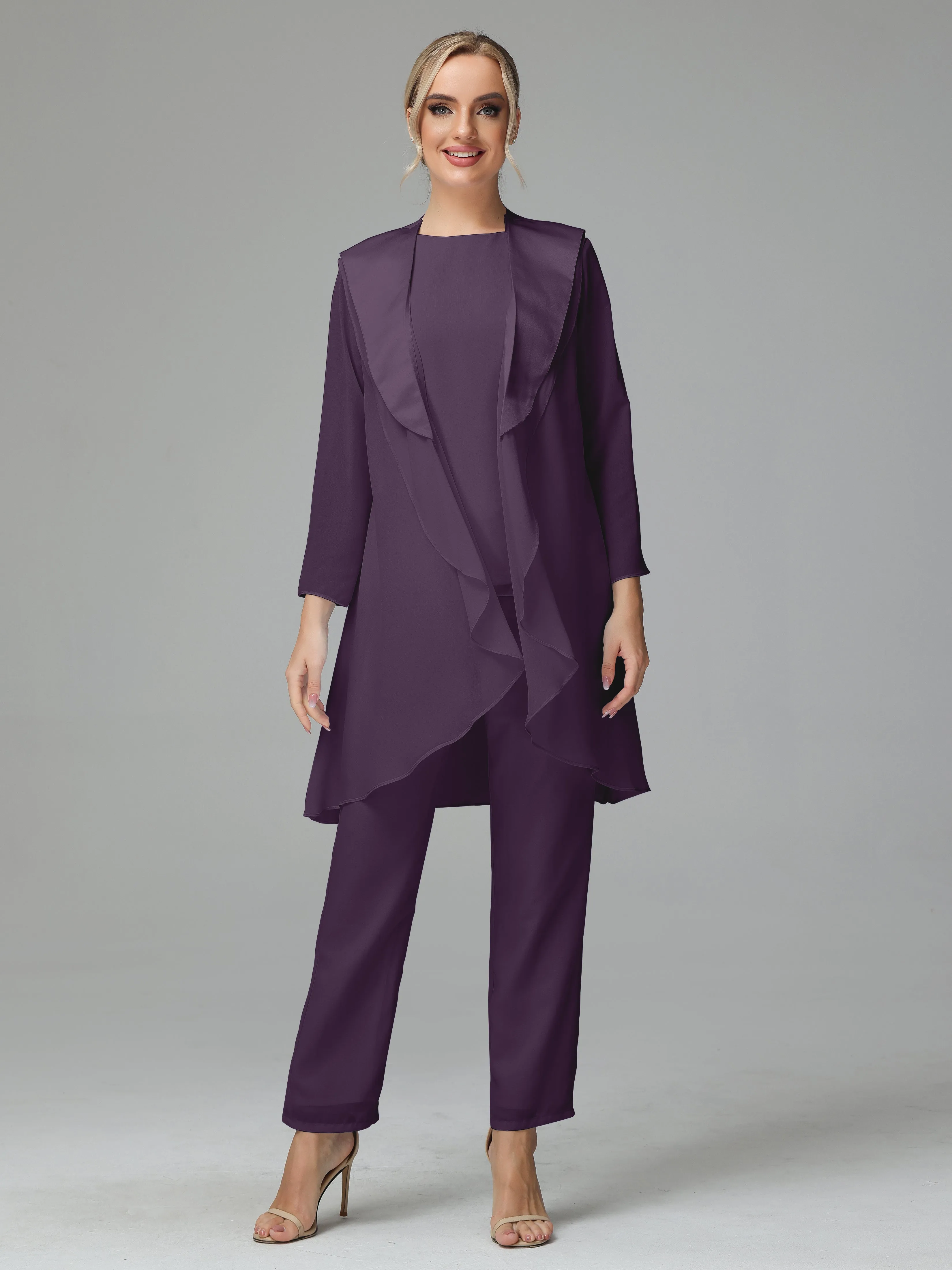 3 Pieces Chiffon Elegant Mother Of The Bride Dress Pants Suits