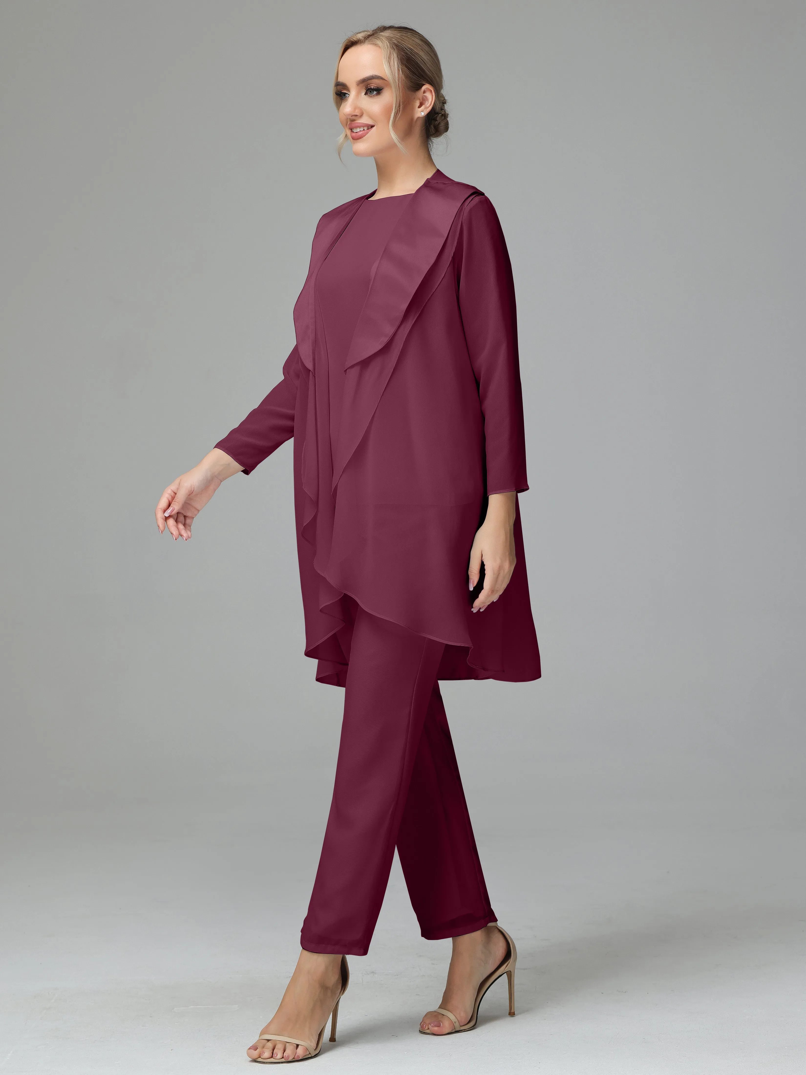 3 Pieces Chiffon Elegant Mother Of The Bride Dress Pants Suits