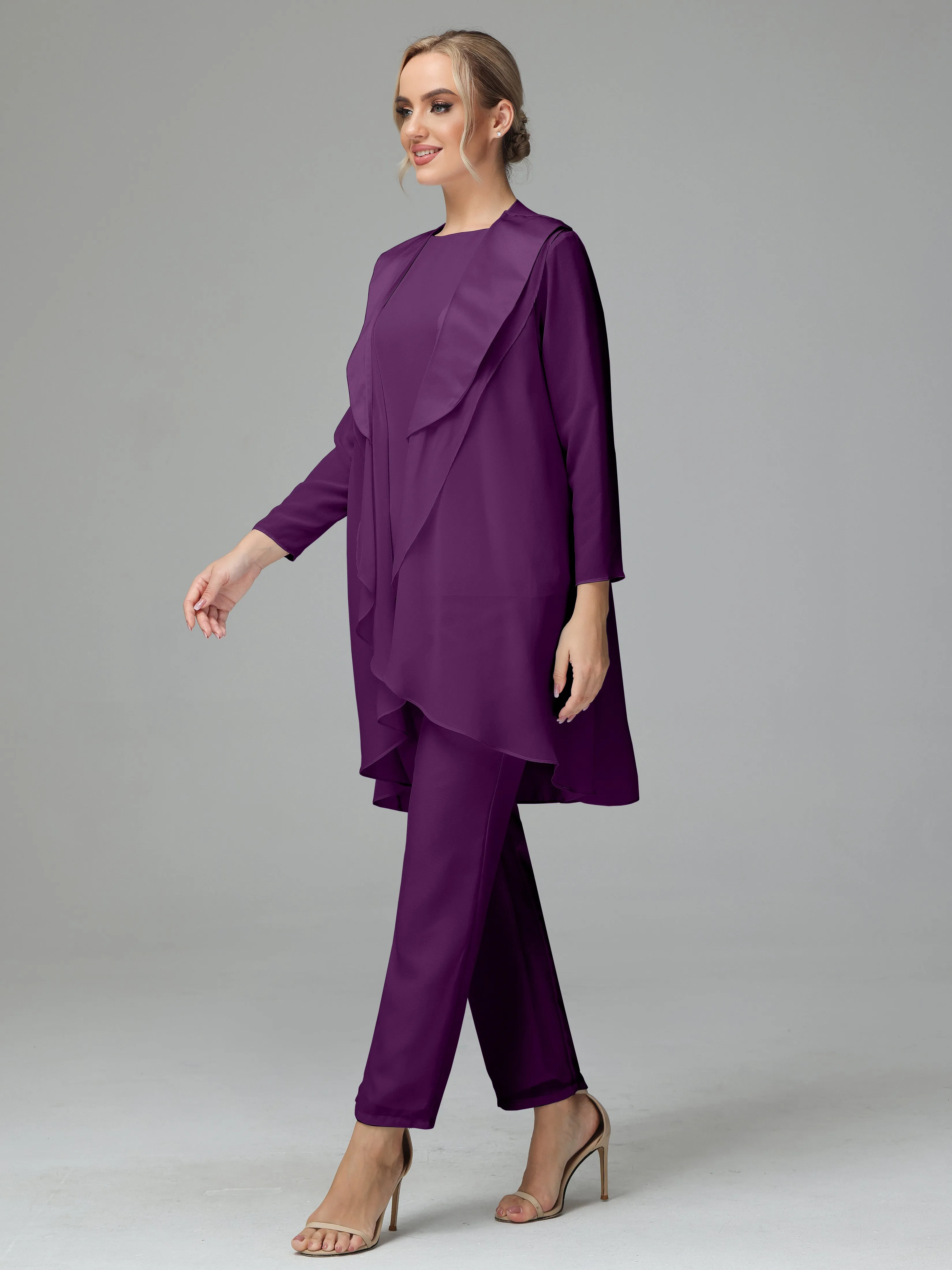 3 Pieces Chiffon Elegant Mother Of The Bride Dress Pants Suits