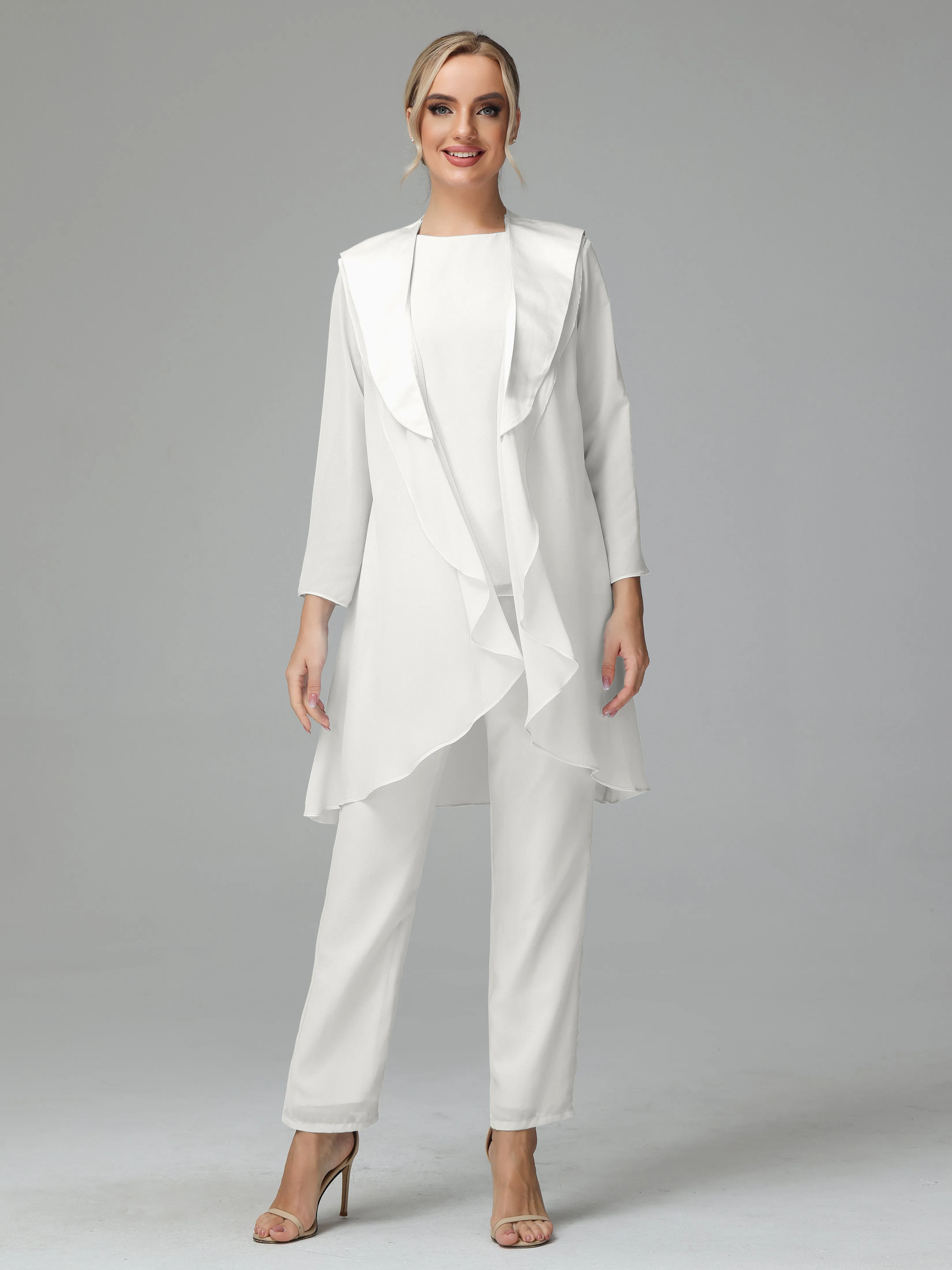 3 Pieces Chiffon Elegant Mother Of The Bride Dress Pants Suits