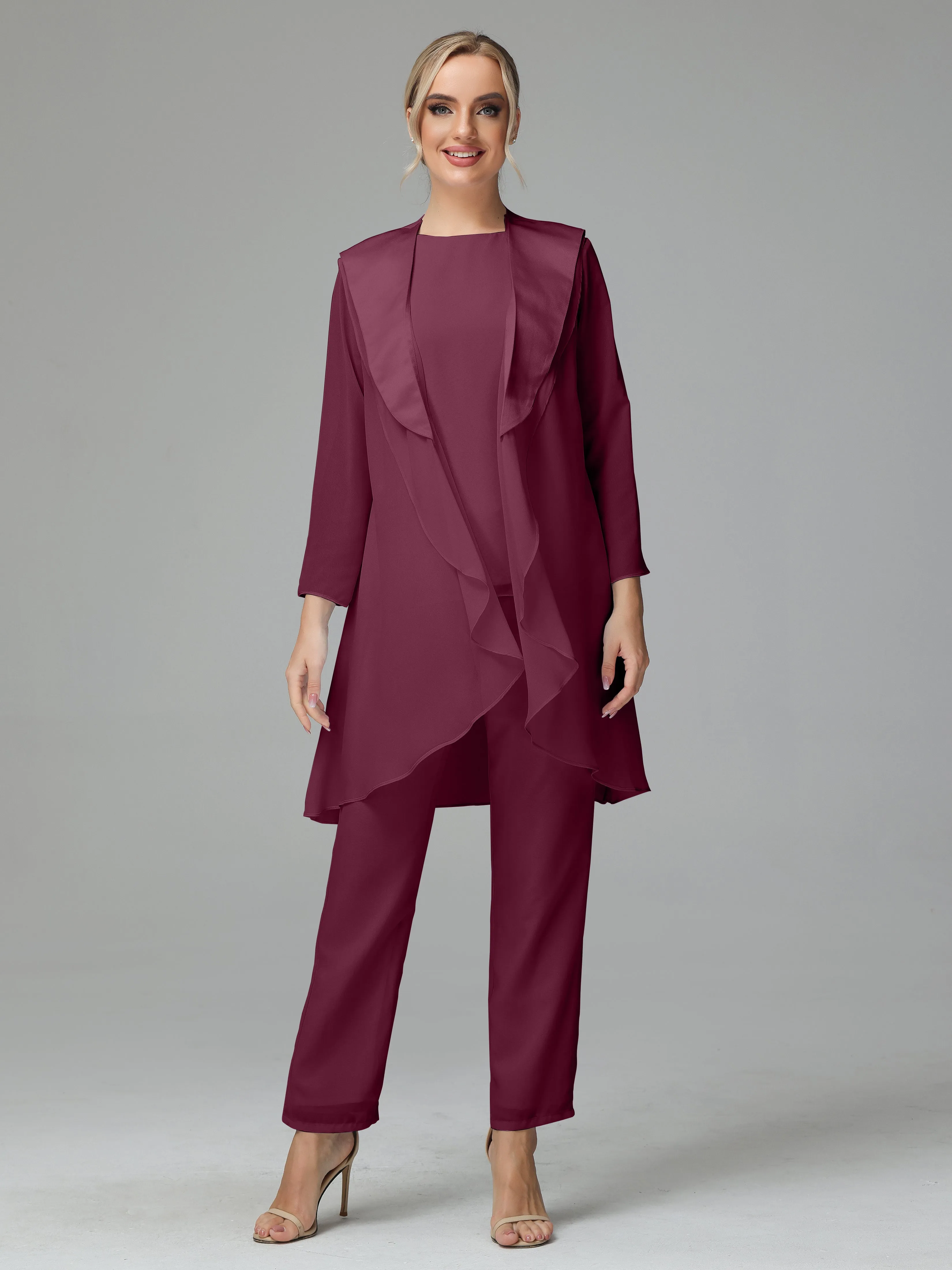 3 Pieces Chiffon Elegant Mother Of The Bride Dress Pants Suits