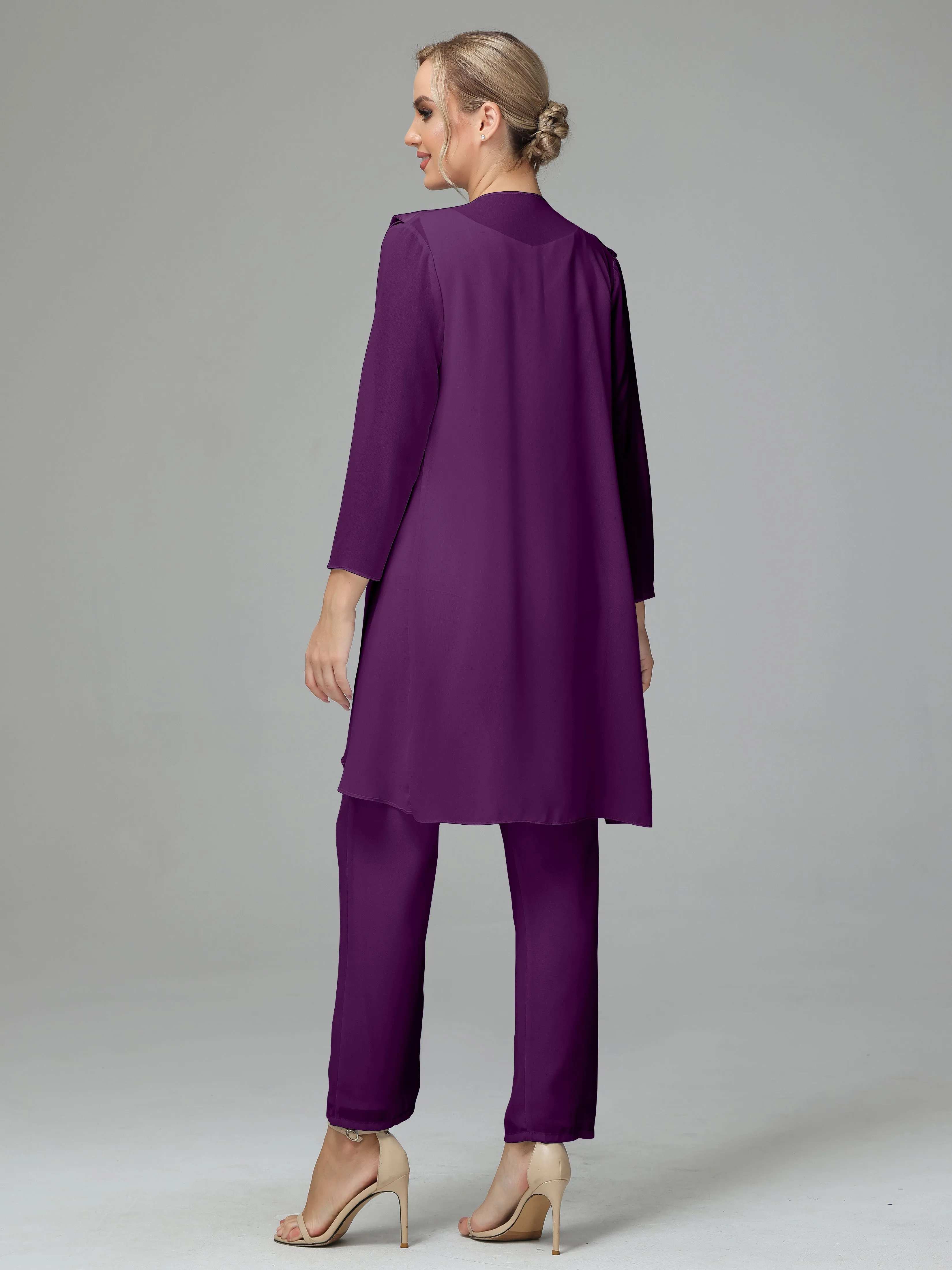 3 Pieces Chiffon Elegant Mother Of The Bride Dress Pants Suits