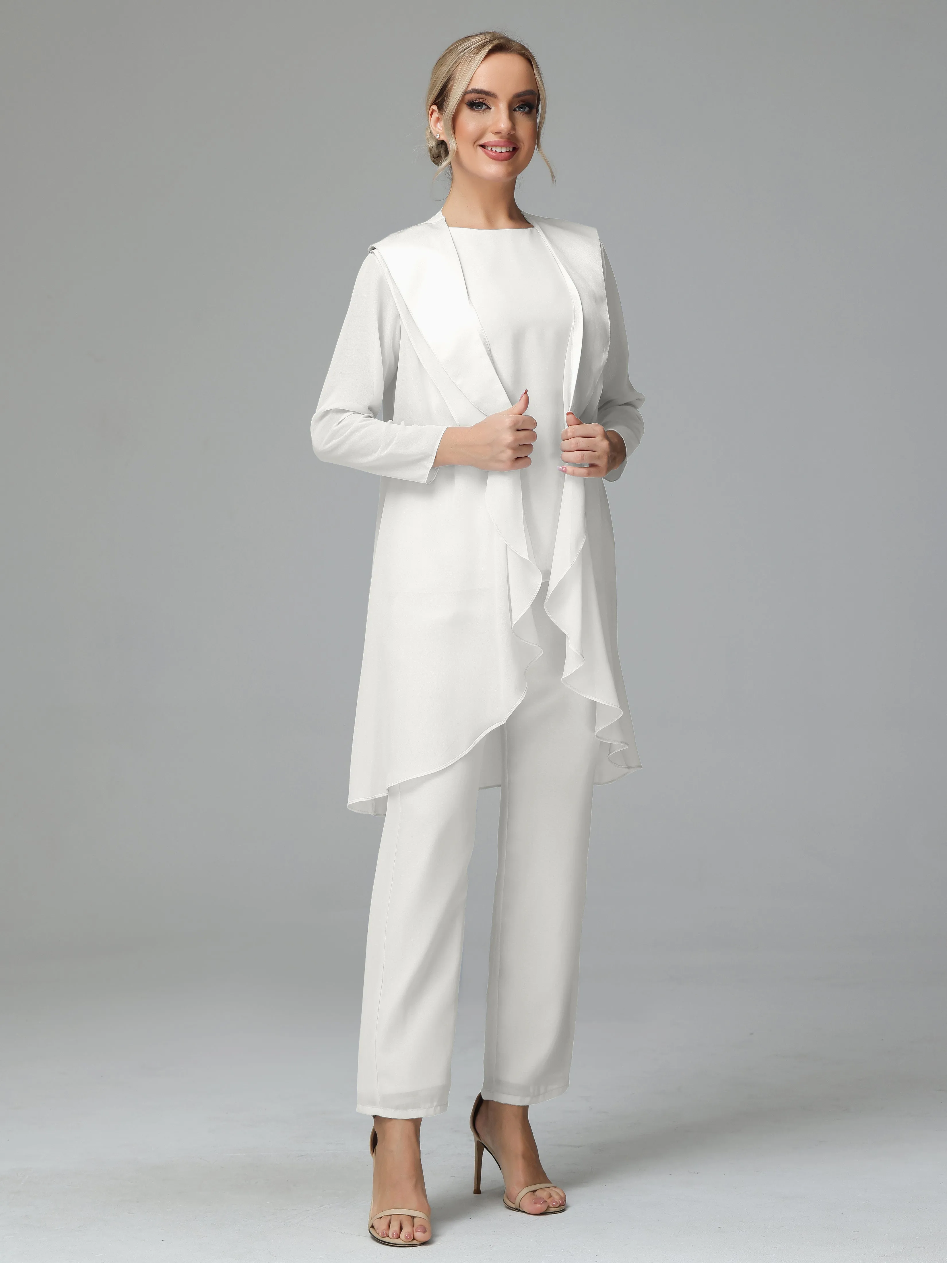 3 Pieces Chiffon Elegant Mother Of The Bride Dress Pants Suits