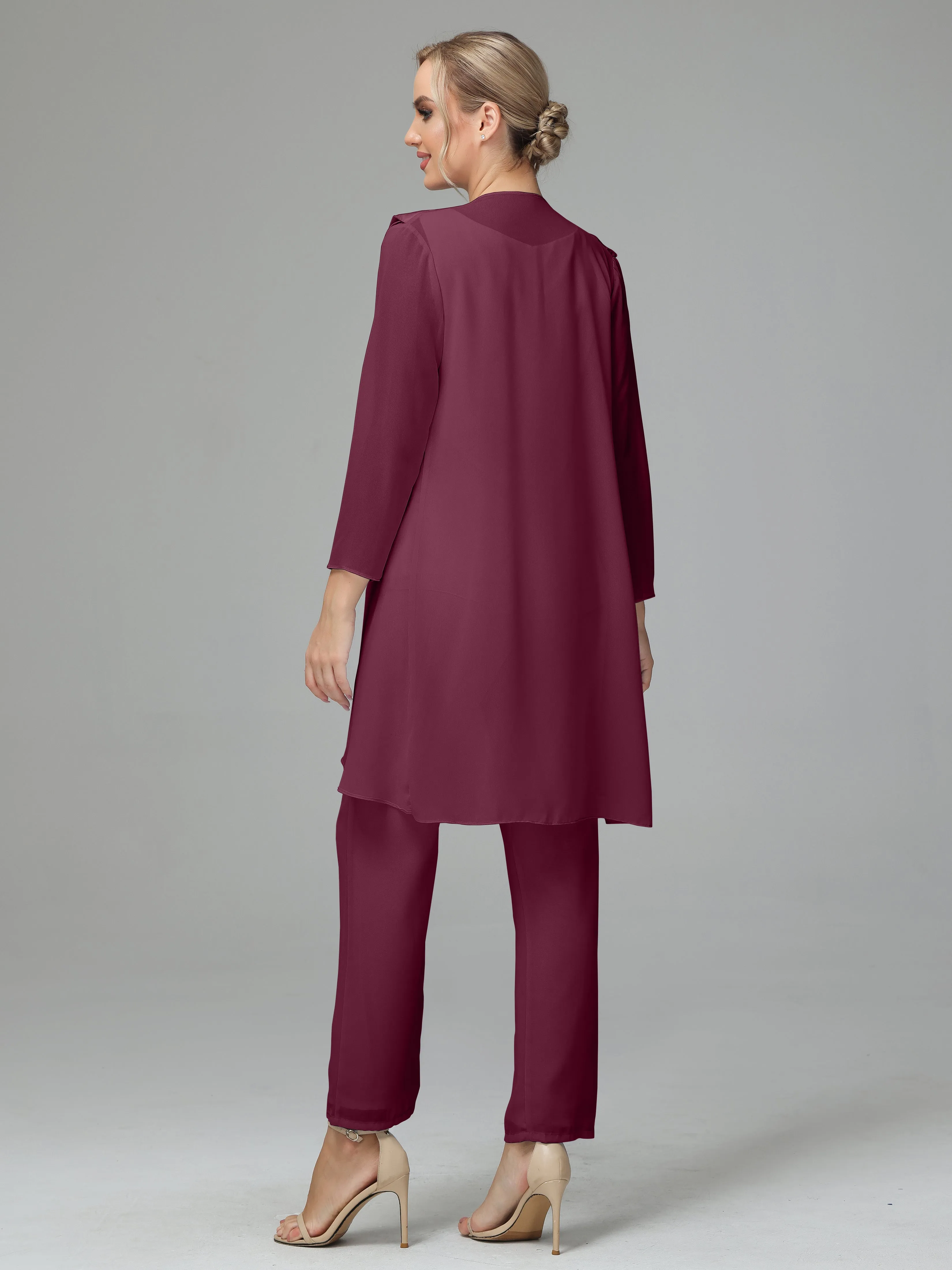 3 Pieces Chiffon Elegant Mother Of The Bride Dress Pants Suits