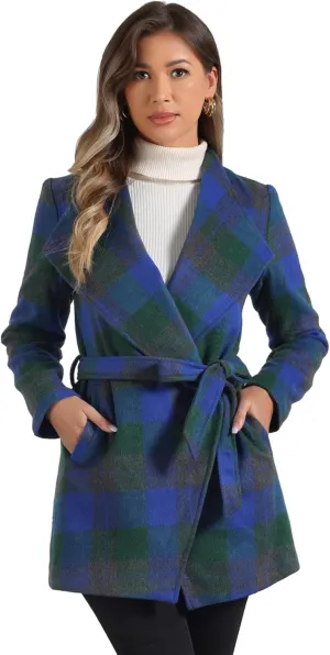 Allegra K Women's Plaid Belted Wrap Overcoat Shawl Collar Asymmetric Hem Fall Winter Coat