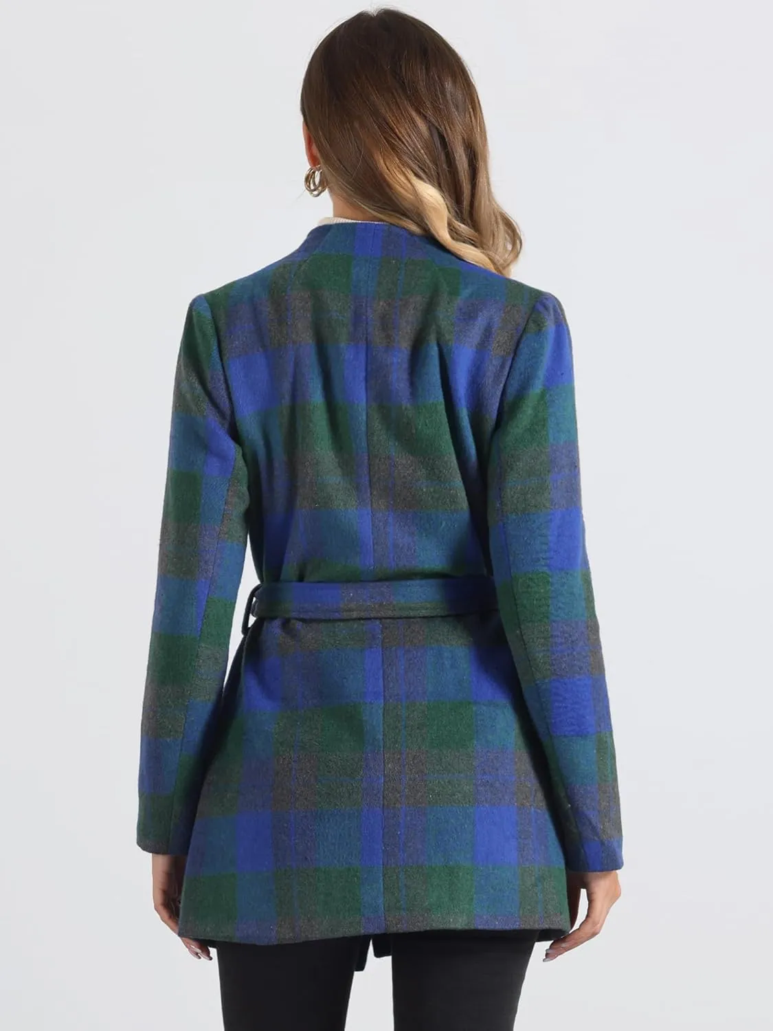Allegra K Women's Plaid Belted Wrap Overcoat Shawl Collar Asymmetric Hem Fall Winter Coat