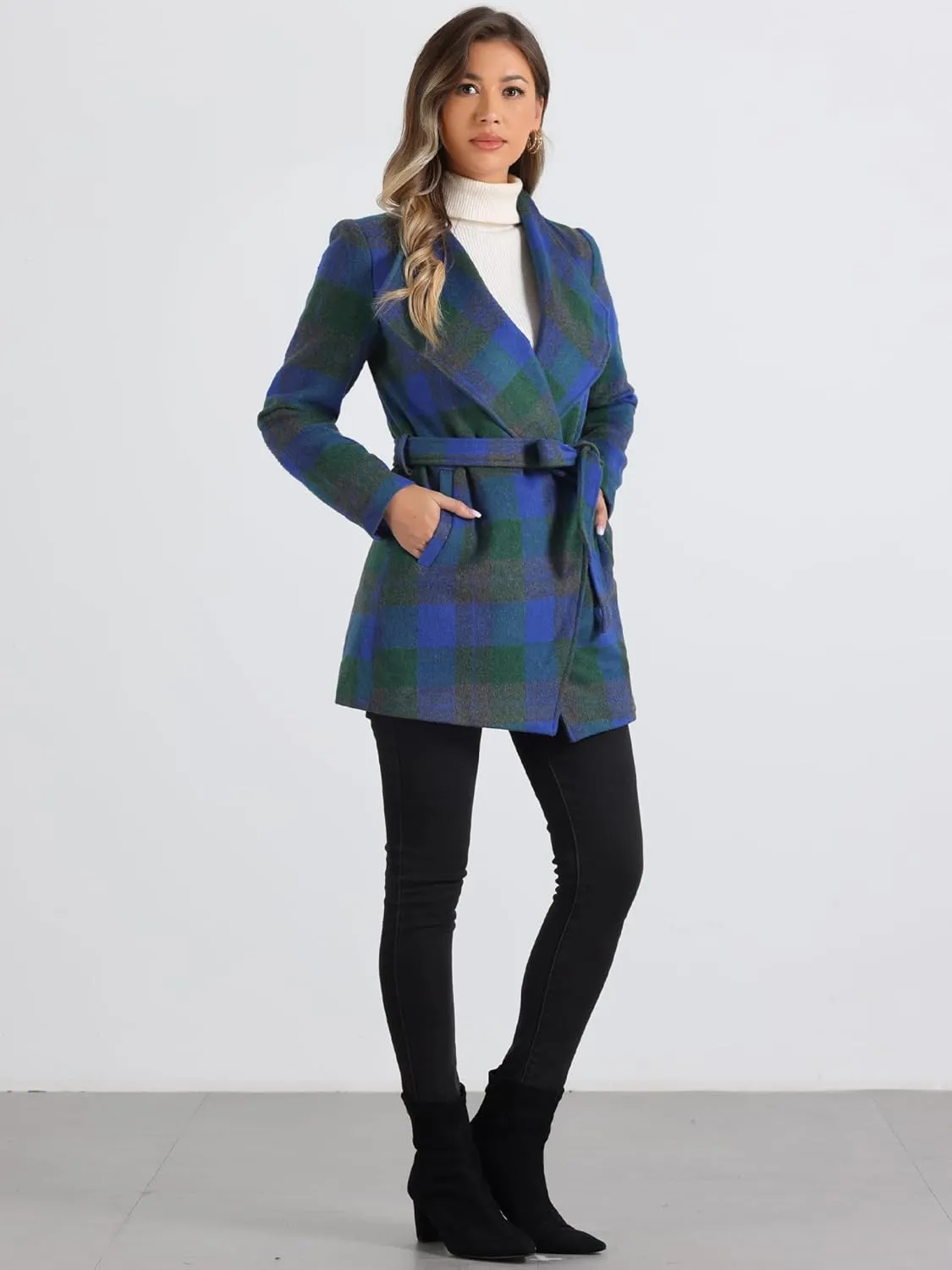 Allegra K Women's Plaid Belted Wrap Overcoat Shawl Collar Asymmetric Hem Fall Winter Coat