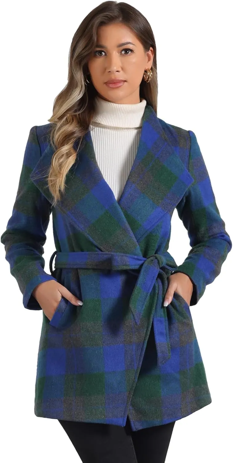 Allegra K Women's Plaid Belted Wrap Overcoat Shawl Collar Asymmetric Hem Fall Winter Coat