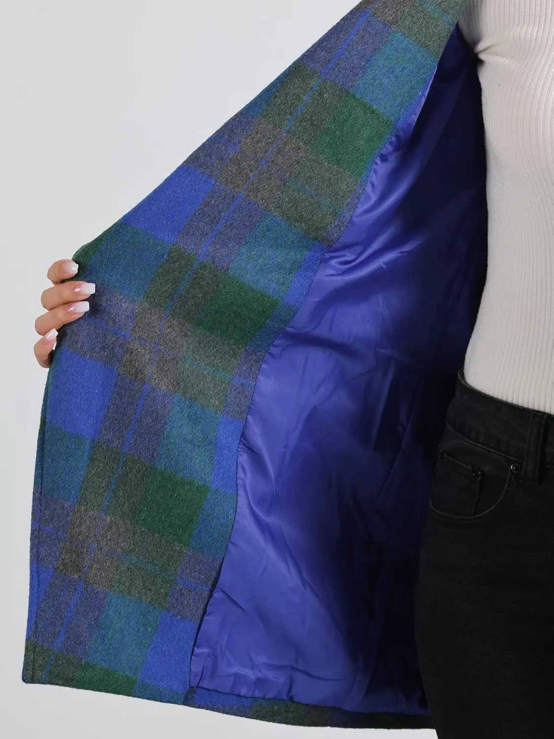 Allegra K Women's Plaid Belted Wrap Overcoat Shawl Collar Asymmetric Hem Fall Winter Coat