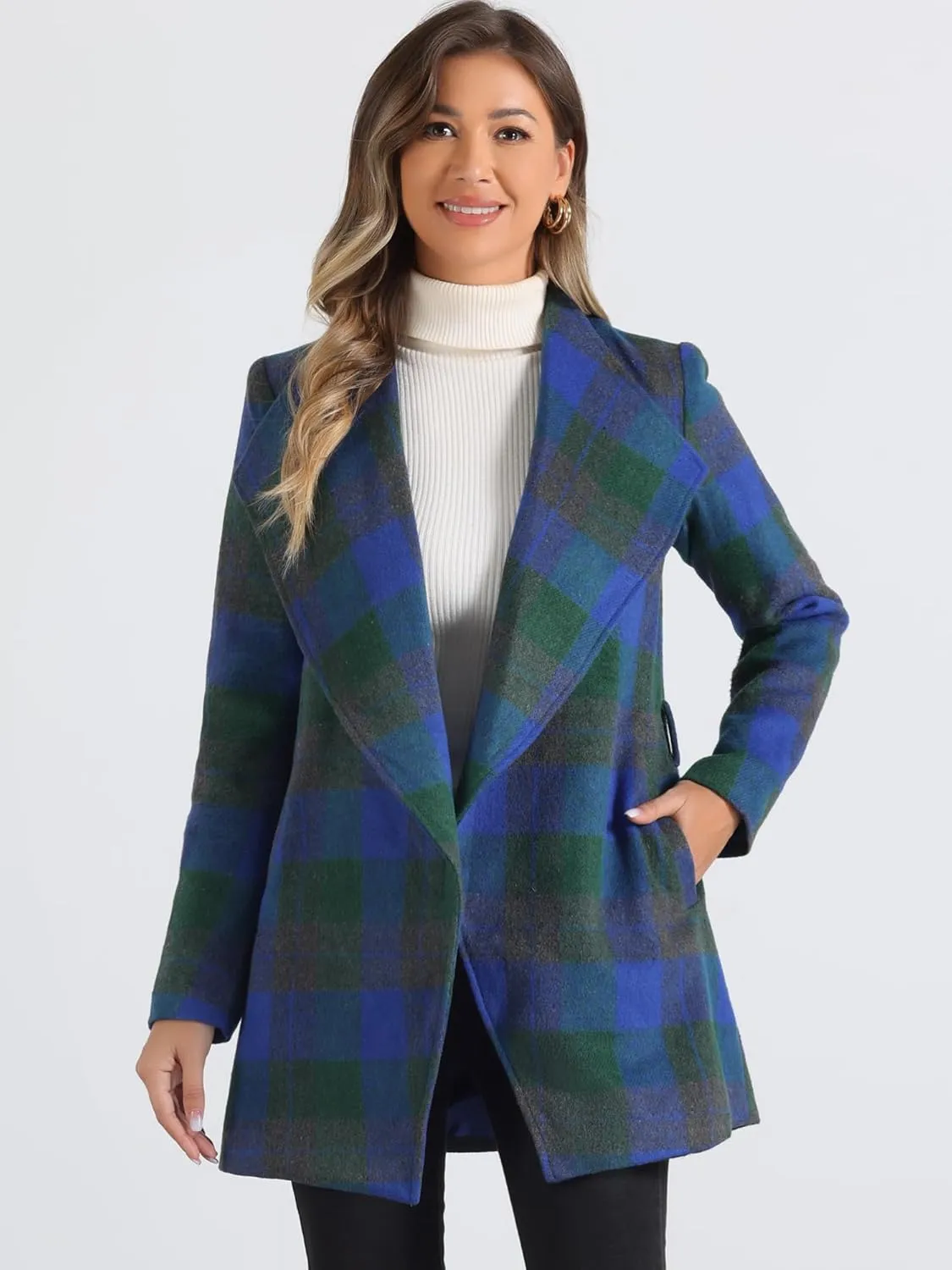 Allegra K Women's Plaid Belted Wrap Overcoat Shawl Collar Asymmetric Hem Fall Winter Coat