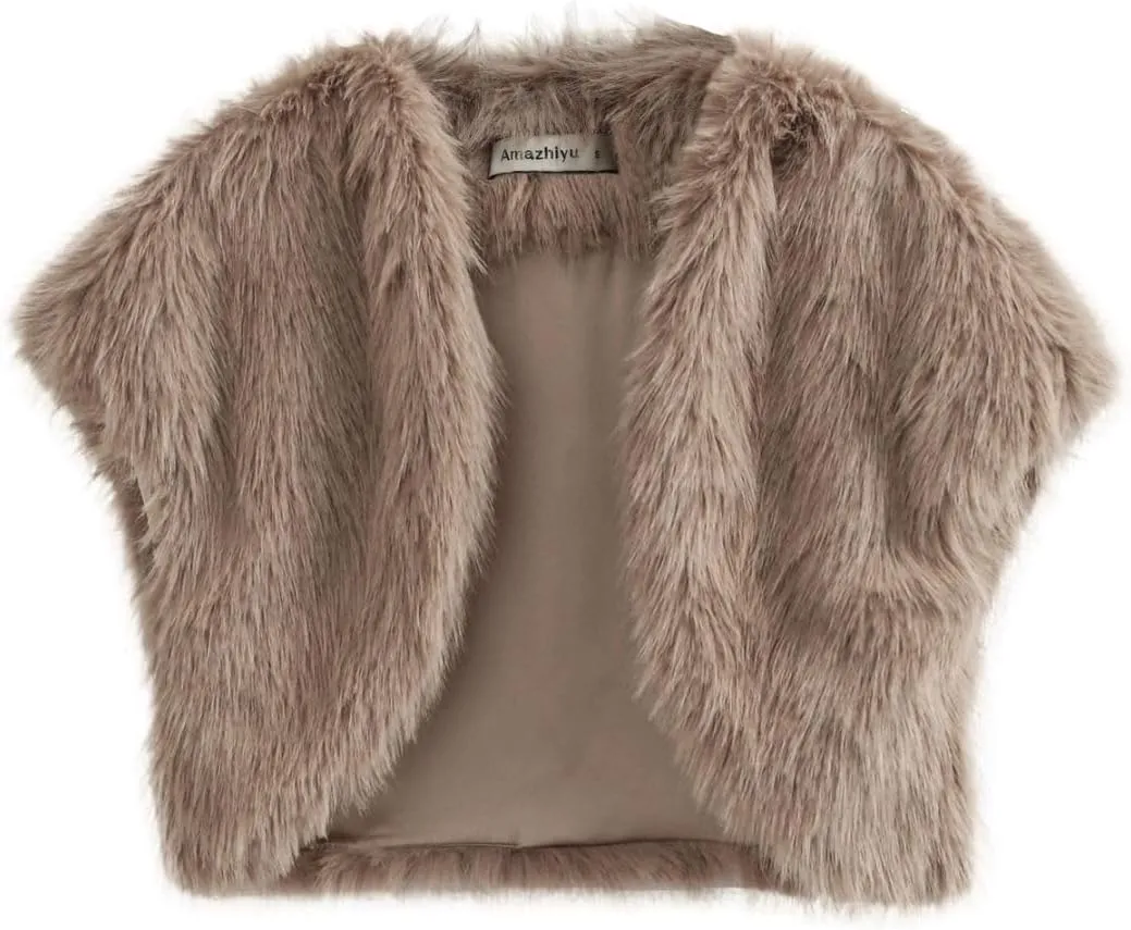 Amazhiyu Women Faux Fur Bolero Shrug Cap Sleeve Crop Cardigan for Evening Dress