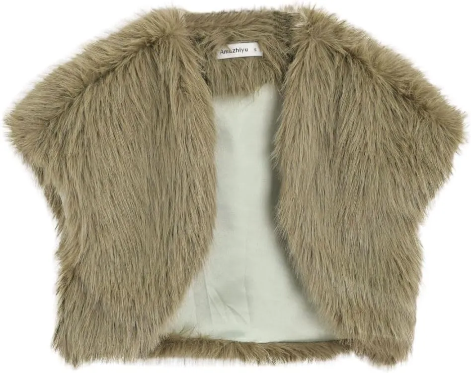 Amazhiyu Women Faux Fur Bolero Shrug Cap Sleeve Crop Cardigan for Evening Dress