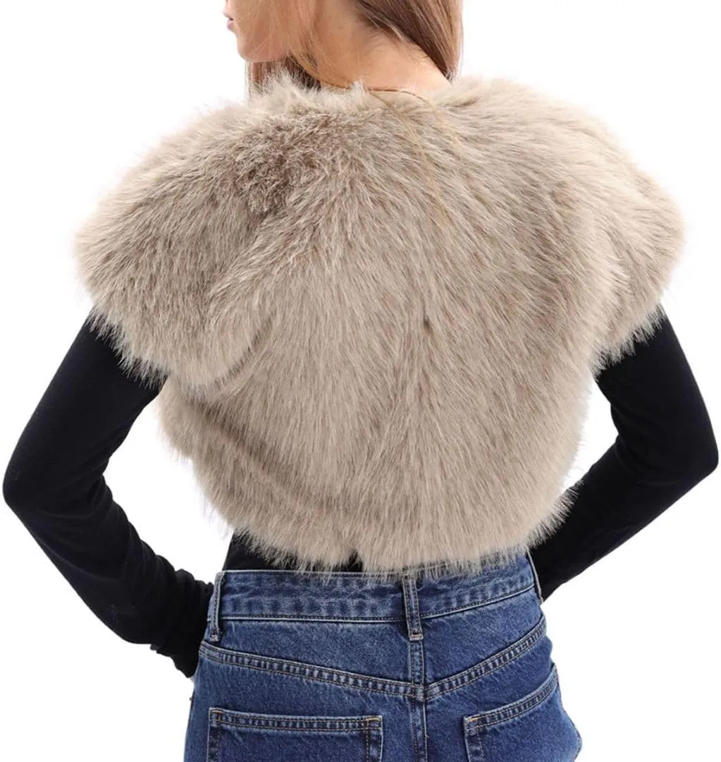 Amazhiyu Women Faux Fur Bolero Shrug Cap Sleeve Crop Cardigan for Evening Dress