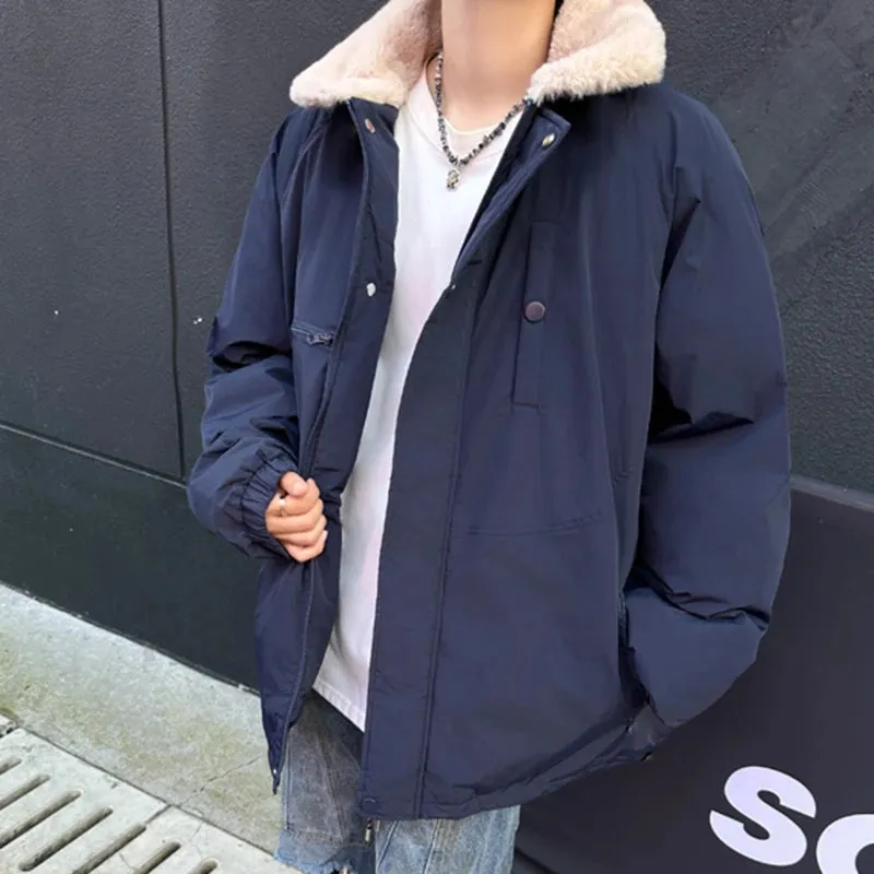American Style Men's Padded Jackets Turn-down Collar Lamb Wool Zipper Patchwork Thickened Casual Male Coats Tide 9C9279