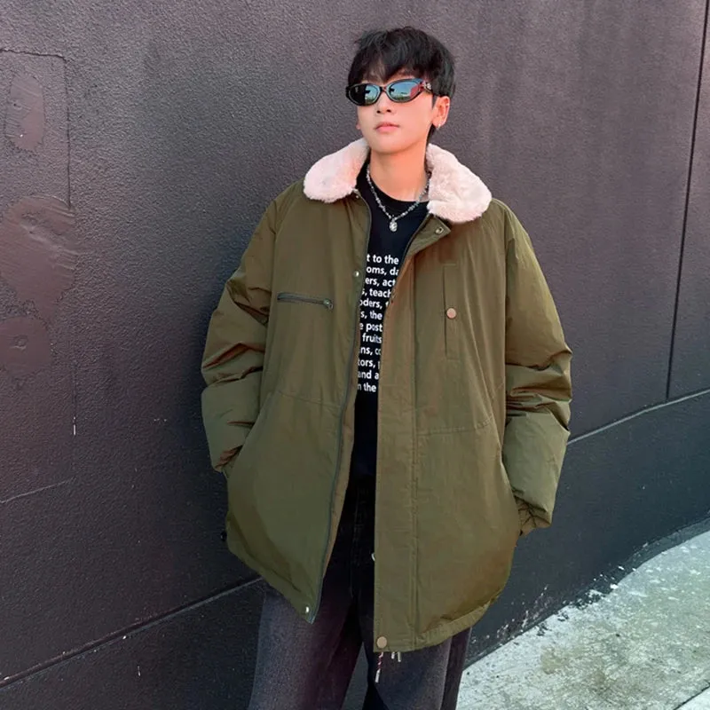 American Style Men's Padded Jackets Turn-down Collar Lamb Wool Zipper Patchwork Thickened Casual Male Coats Tide 9C9279