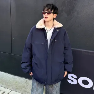 American Style Men's Padded Jackets Turn-down Collar Lamb Wool Zipper Patchwork Thickened Casual Male Coats Tide 9C9279